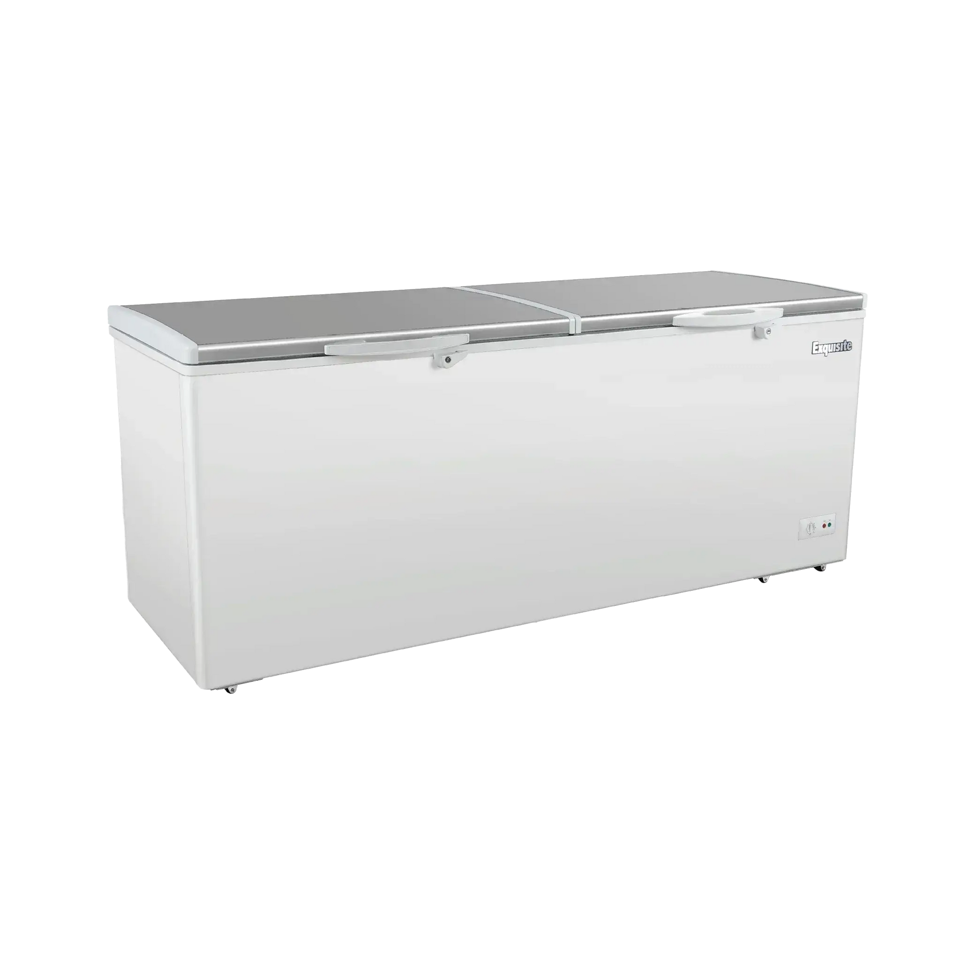 Large white stainless steel top storage chest freezer with two lids and handles, industrial design.