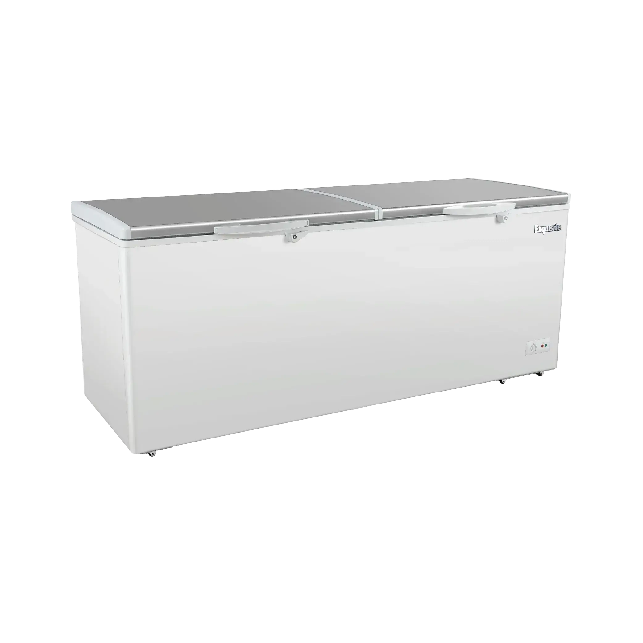 Large white stainless steel top storage chest freezer with two lids and handles, industrial design.