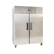 Stainless steel upright refrigerator with two solid doors and vertical handles on casters.
