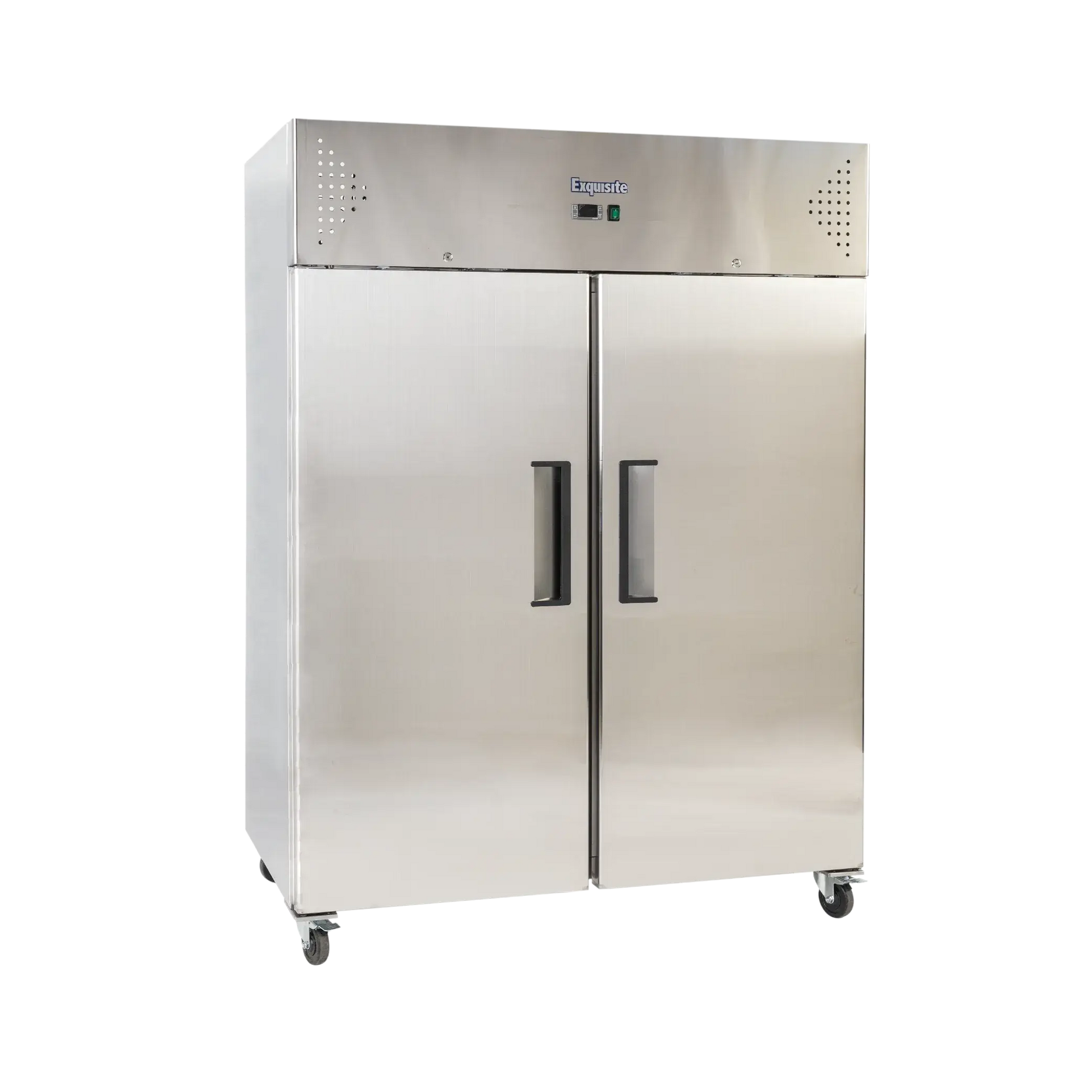 Stainless steel upright refrigerator with two solid doors and vertical handles on casters.