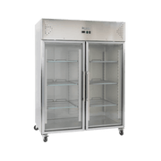 Stainless steel upright refrigerator with two glass doors and adjustable wire shelves on caster wheels.