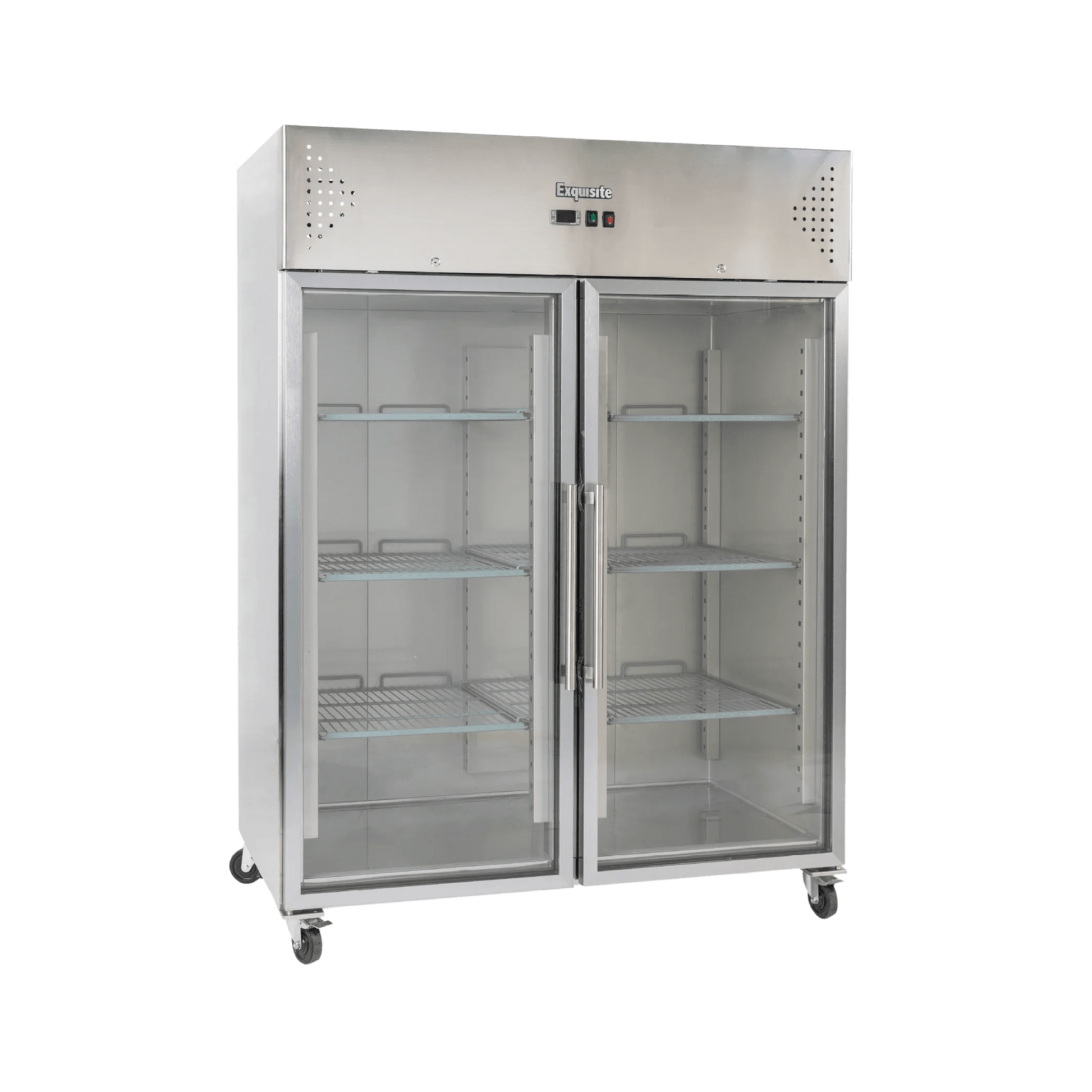 Stainless steel upright refrigerator with two glass doors and adjustable wire shelves on caster wheels.