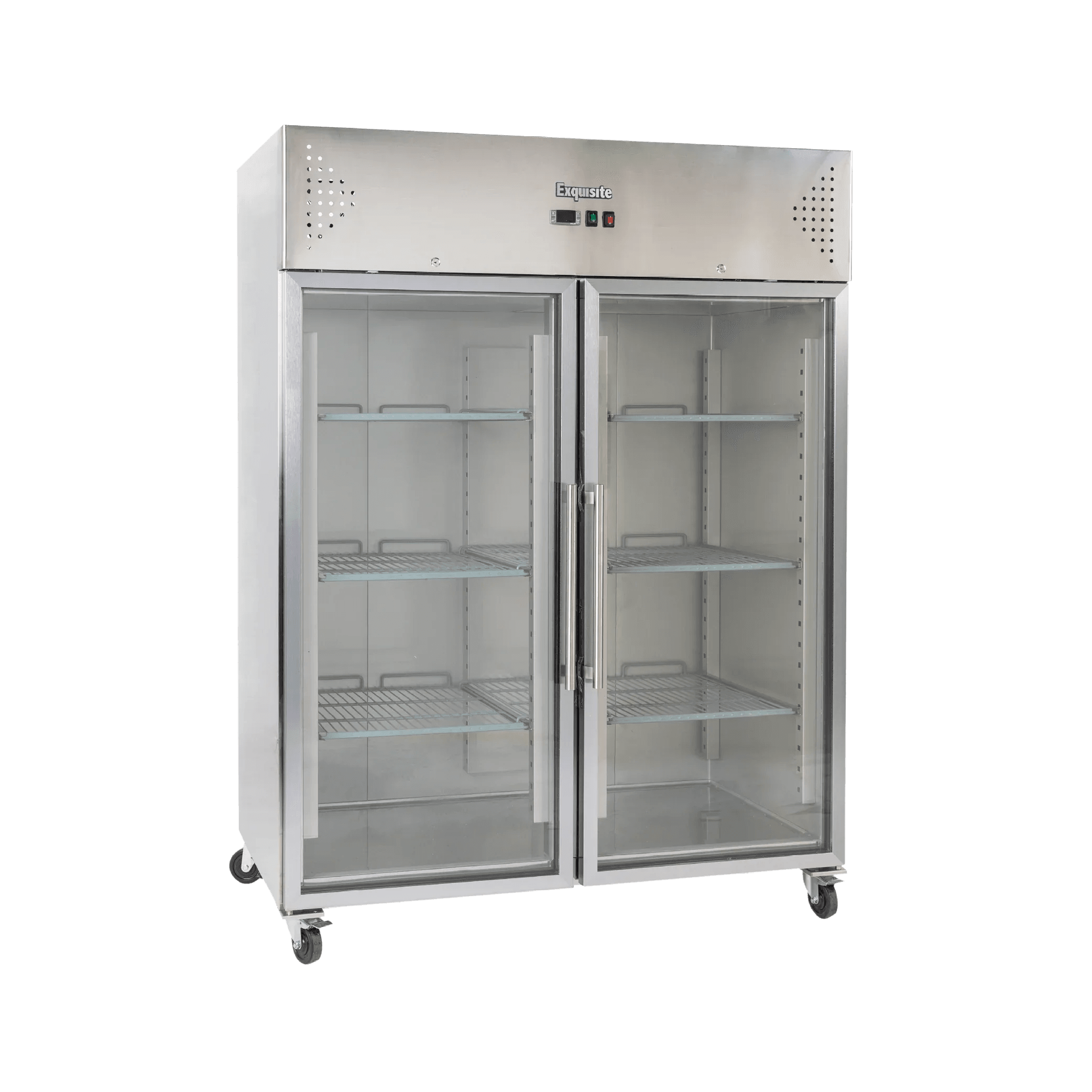 Stainless steel upright refrigerator with two glass doors and adjustable wire shelves on caster wheels.