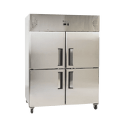 Stainless steel upright refrigerator with four solid doors and black handles on caster wheels.
