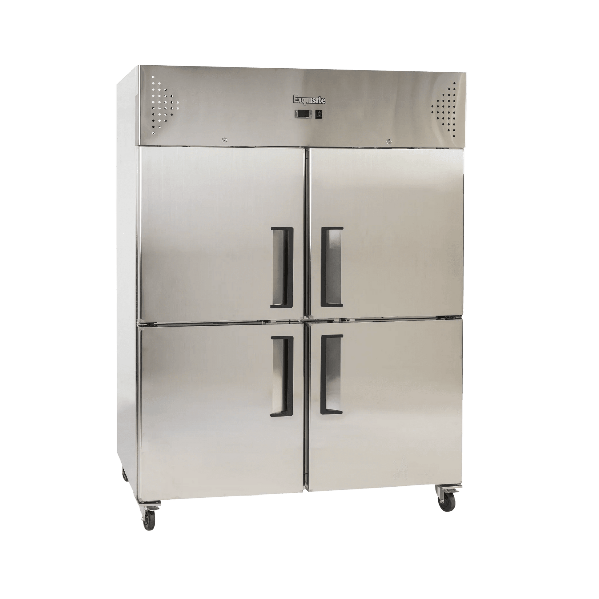 Stainless steel upright refrigerator with four solid doors and black handles on caster wheels.
