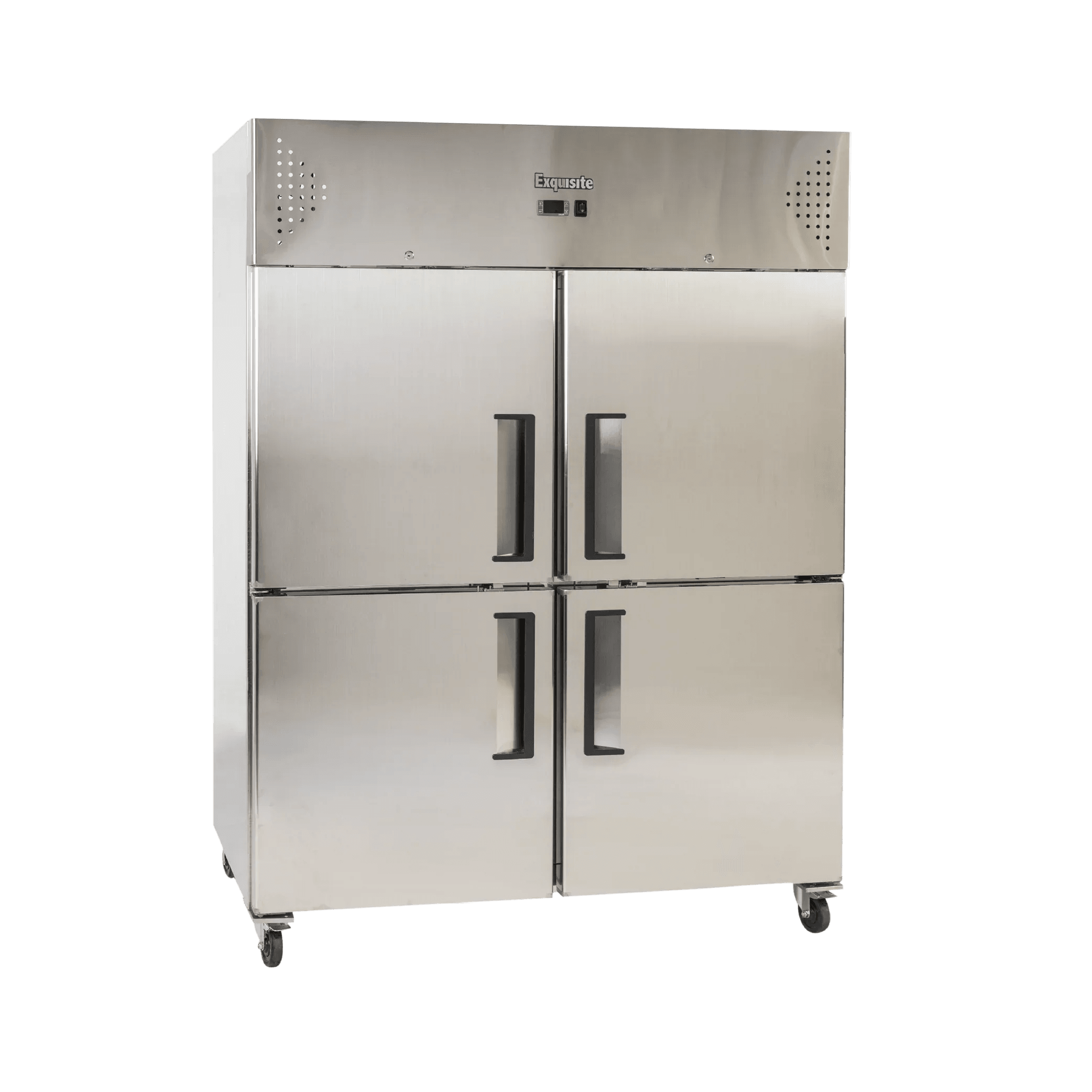 Stainless steel upright refrigerator with four solid doors and black handles on caster wheels.