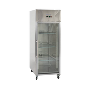 Exquisite stainless steel upright fridge with one transparent glass door and adjustable shelves.