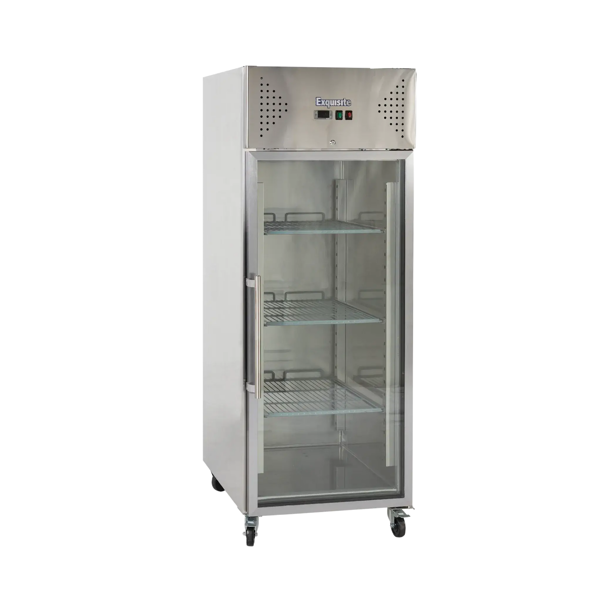 Exquisite stainless steel upright fridge with one transparent glass door and adjustable shelves.