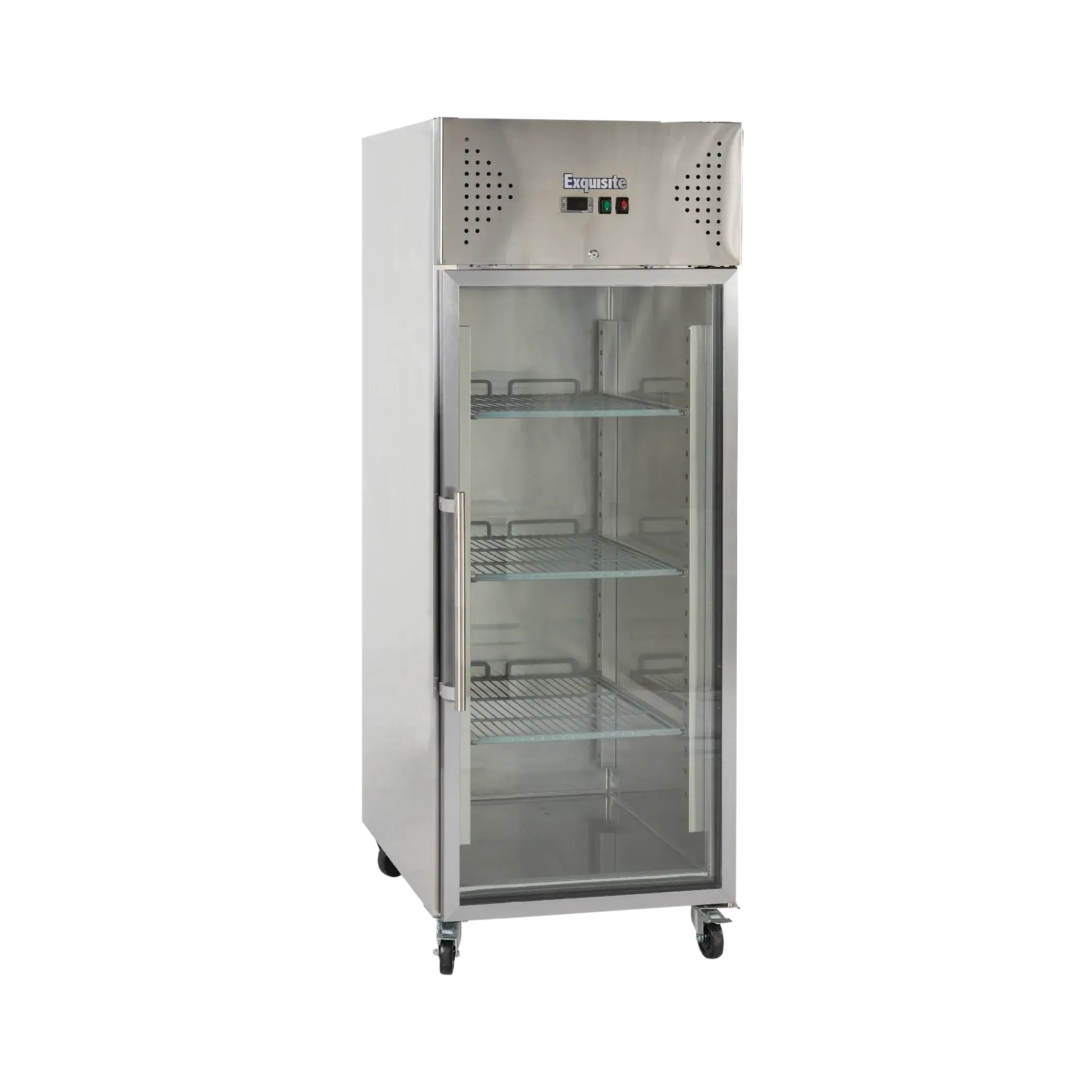 Exquisite stainless steel upright fridge with one transparent glass door and adjustable shelves.