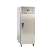 Stainless steel single-door upright commercial refrigerator with vented top panel and black handle.
