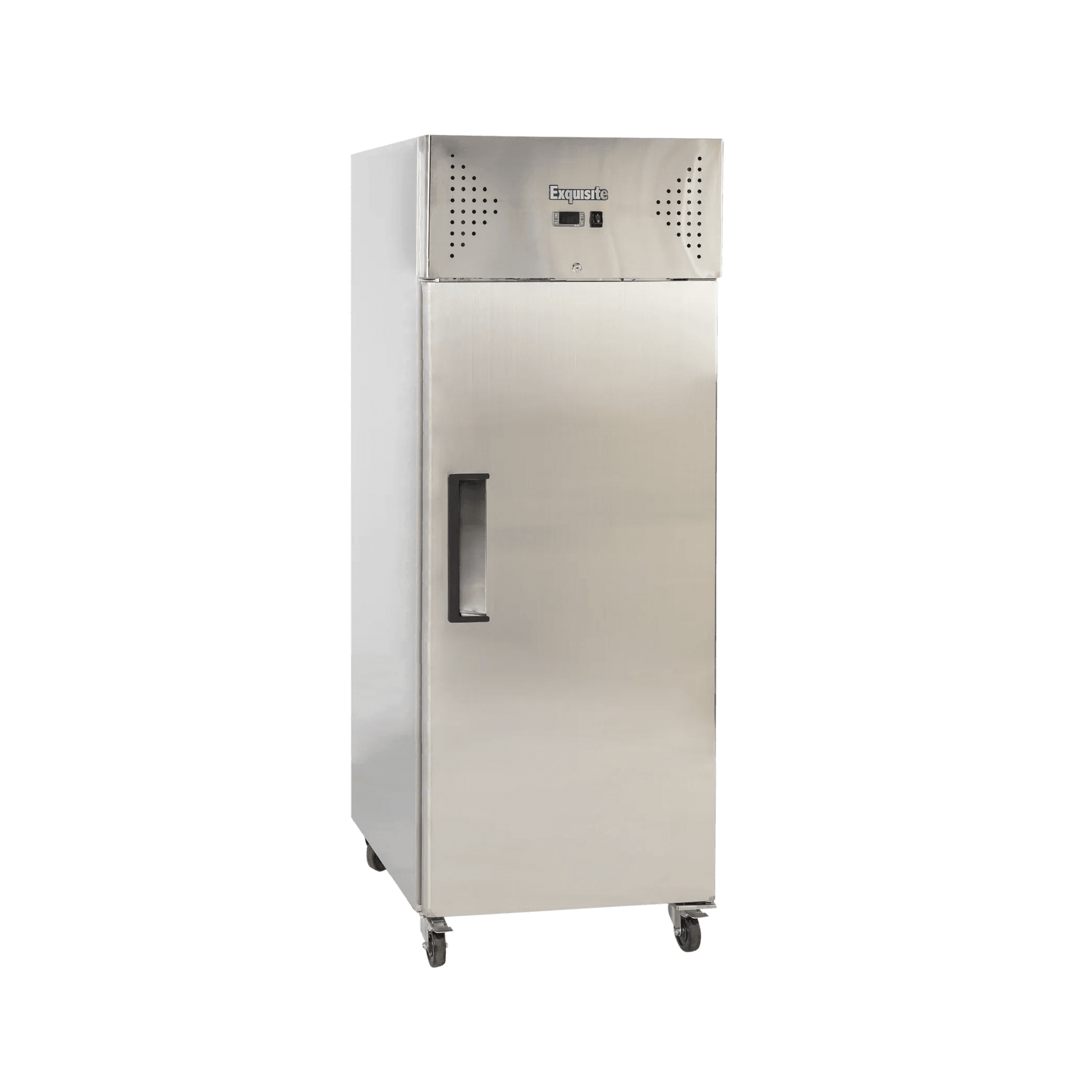 Stainless steel single-door upright commercial refrigerator with vented top panel and black handle.