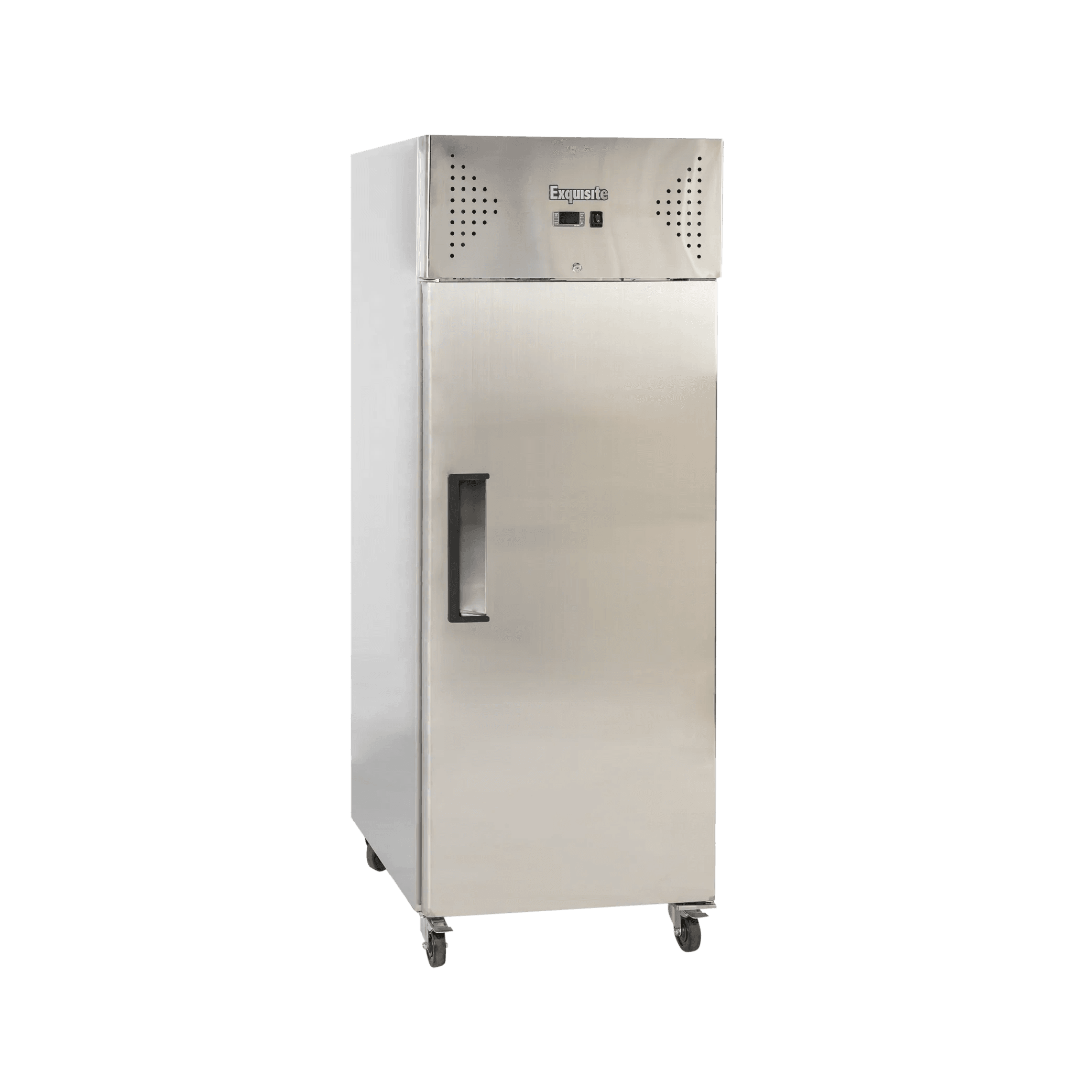 Stainless steel single-door upright commercial refrigerator with vented top panel and black handle.