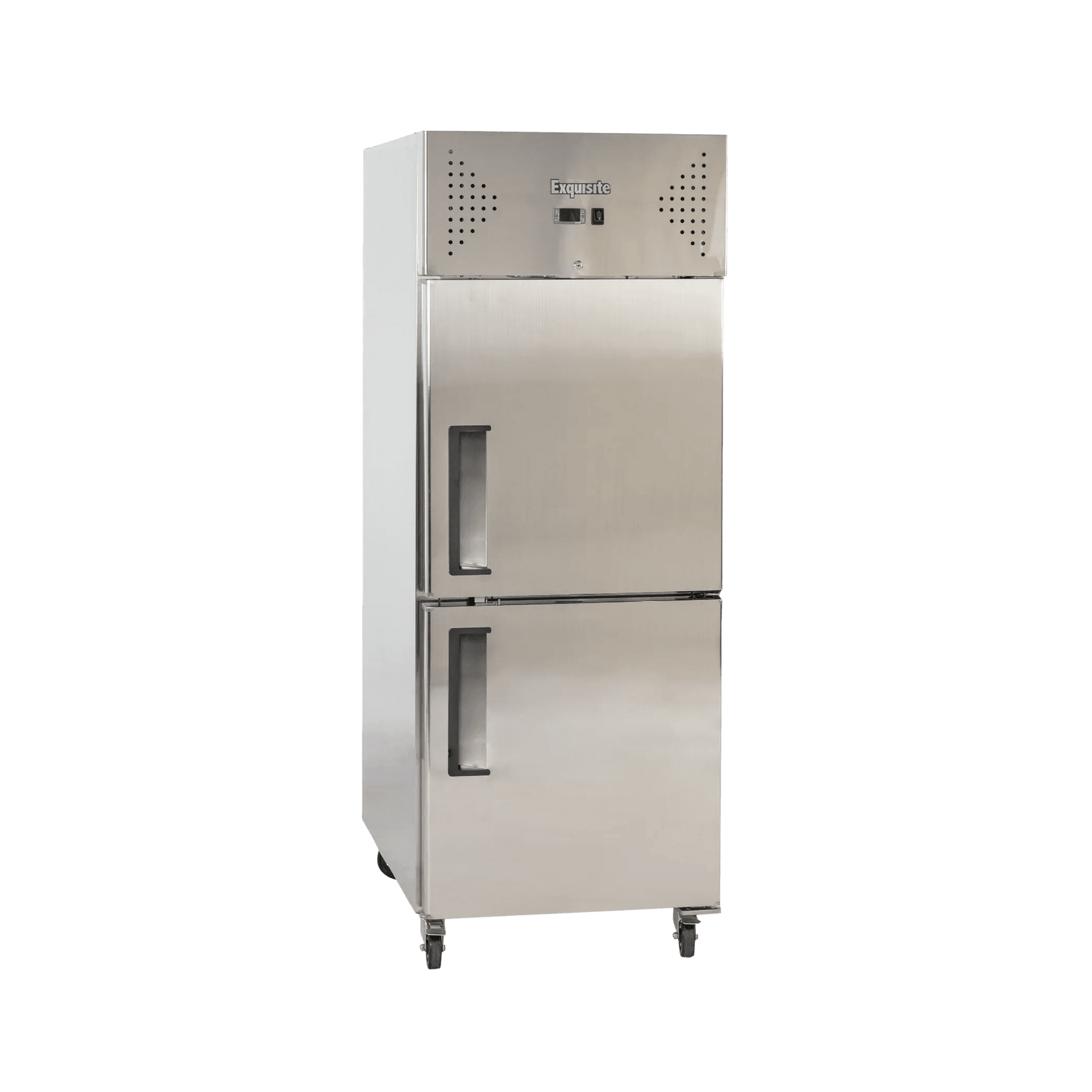 Stainless steel upright refrigerator with two solid doors and vertical handles on legs.