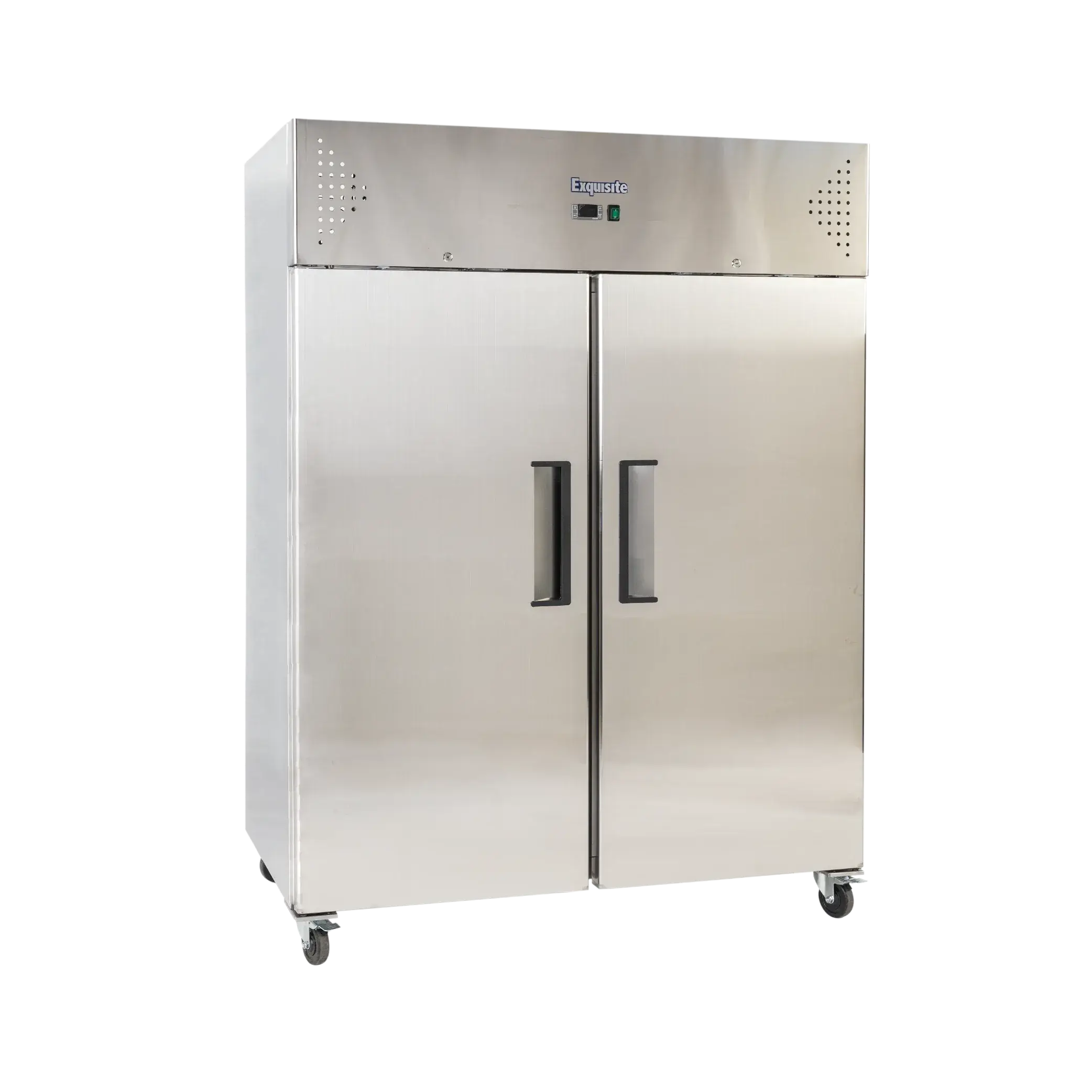 Stainless steel upright freezer with two solid doors and black handles on caster wheels.