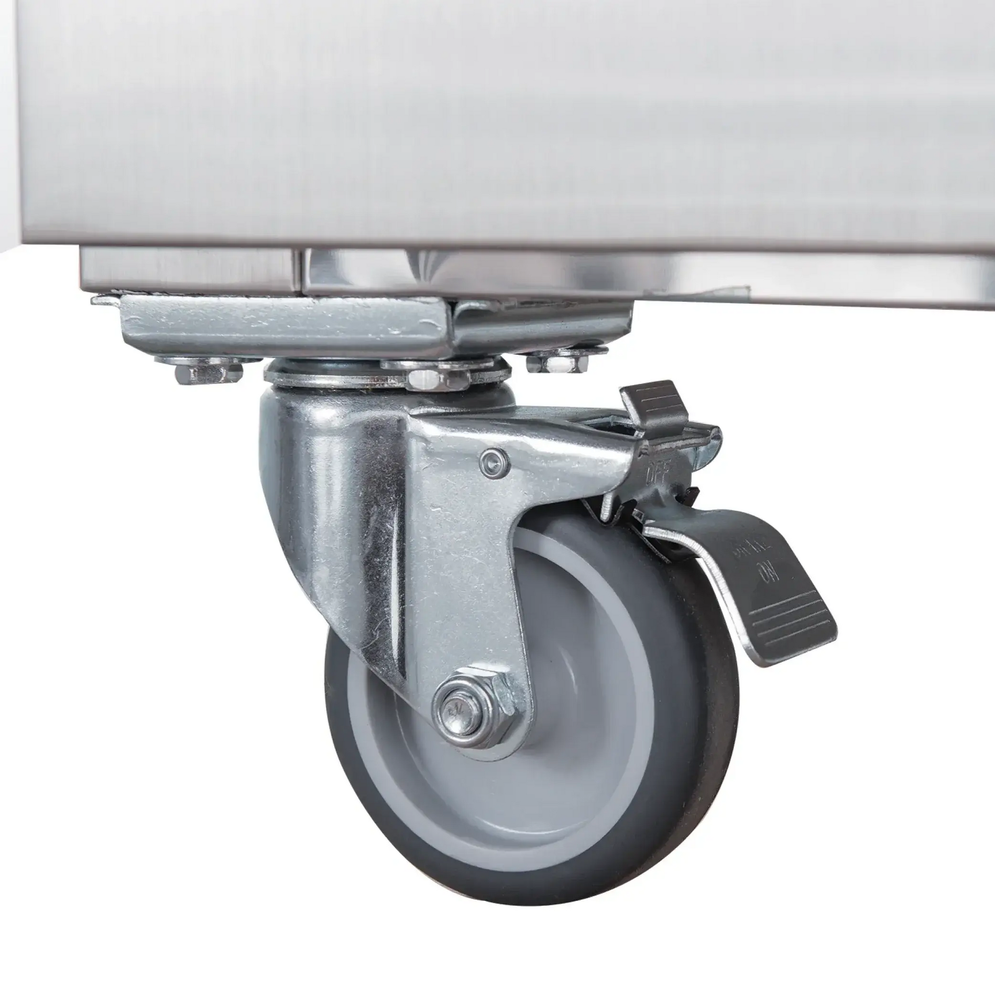 Gray caster wheel with metal swivel bracket and locking lever attached to stainless steel freezer base.