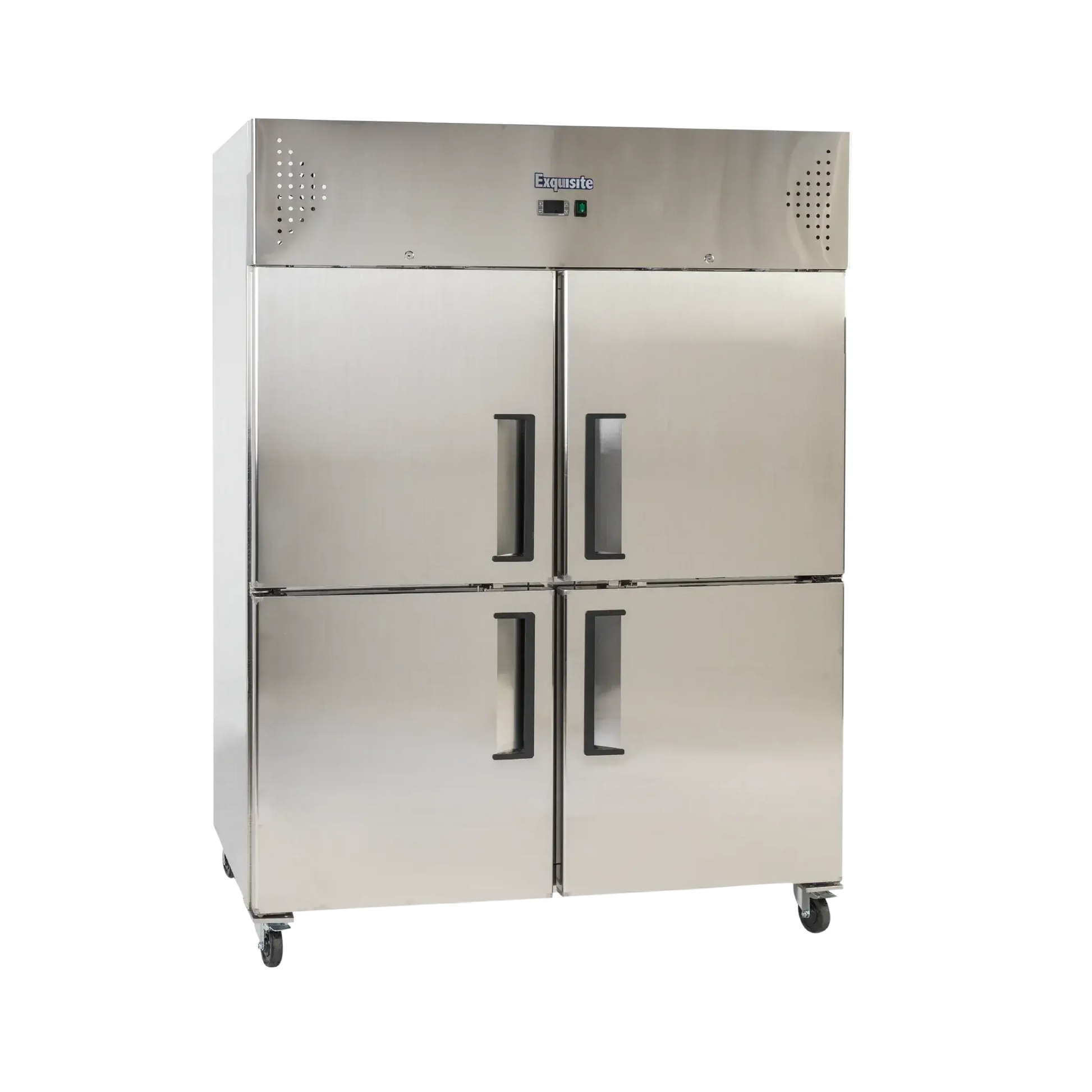 Large stainless steel upright storage freezer with four solid split doors and black vertical handles on caster wheels.
