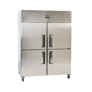 Large stainless steel upright freezer with four solid doors and black handles on caster wheels.