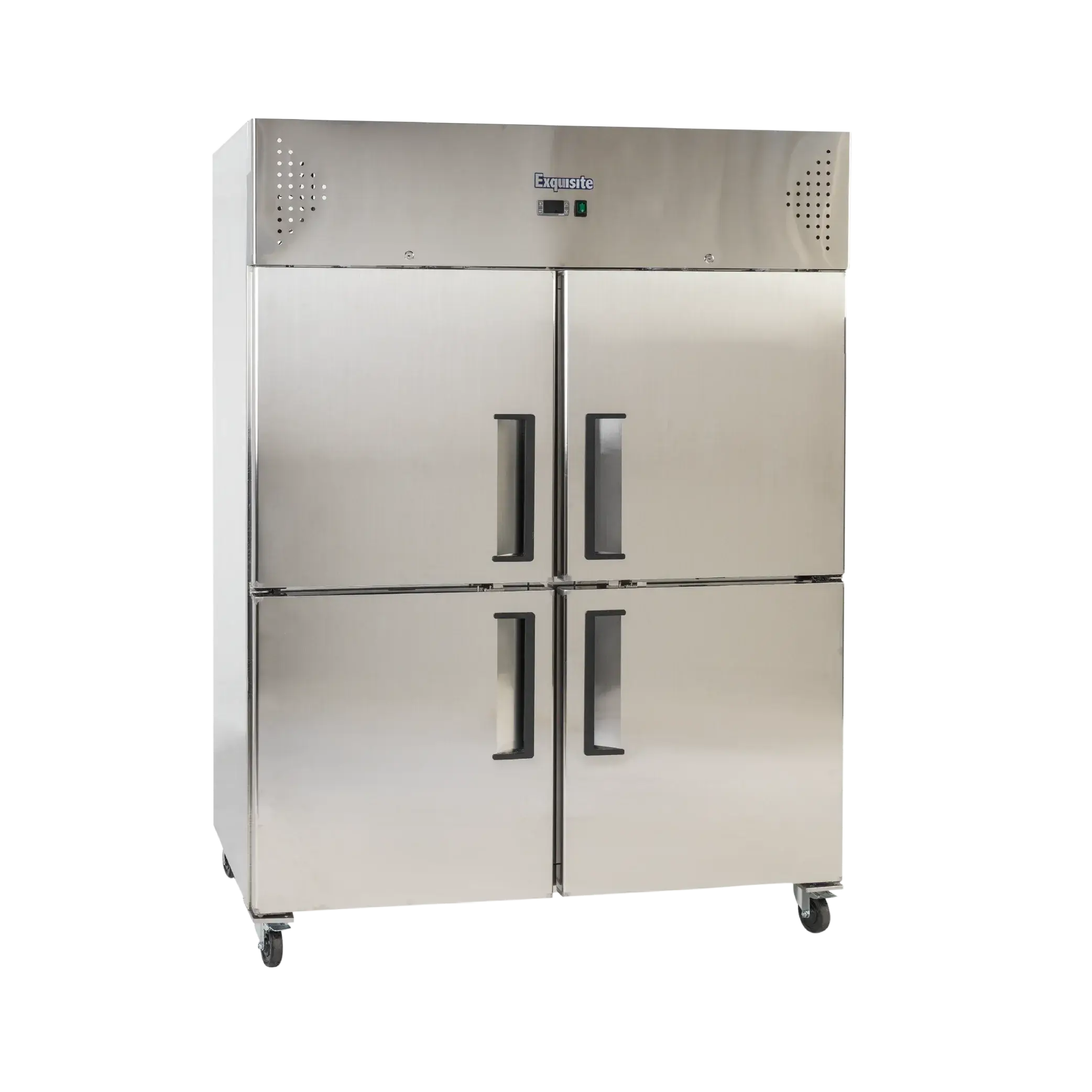Large stainless steel upright freezer with four solid doors and black handles on caster wheels.