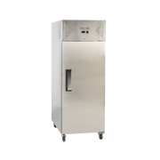 Tall stainless steel upright freezer with solid door and recessed handle on casters.