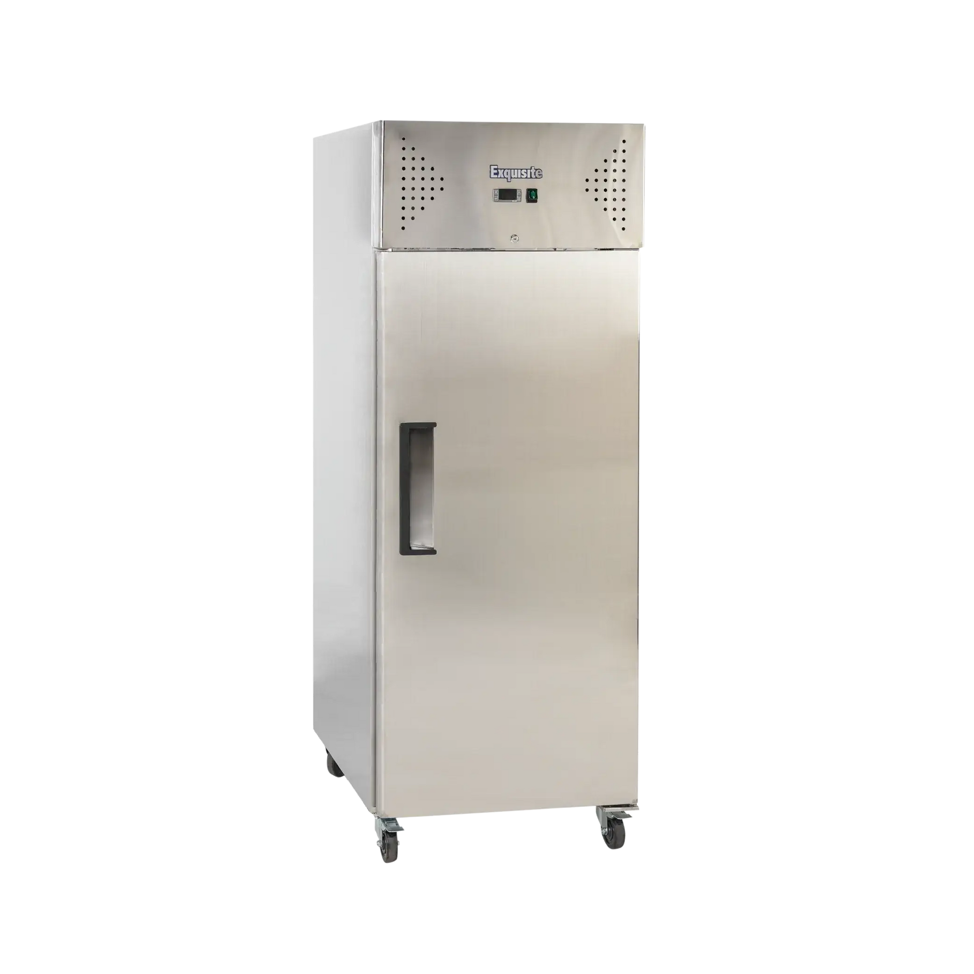 Tall stainless steel upright freezer with solid door and recessed handle on casters.