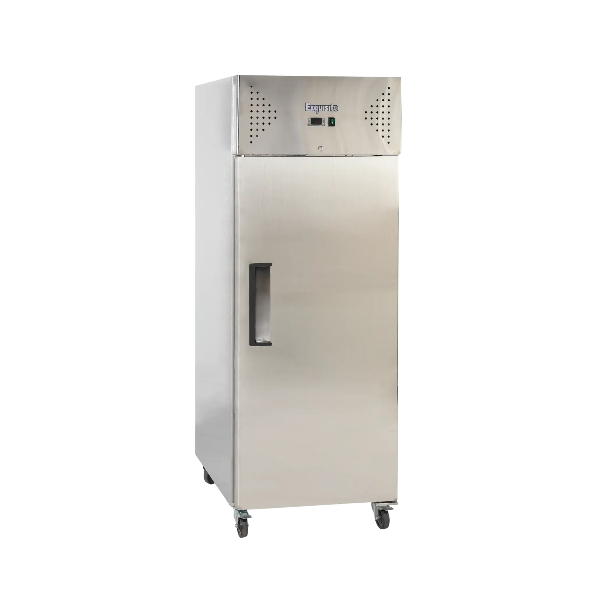 Tall stainless steel upright freezer with solid door and recessed handle on casters.
