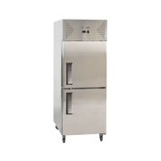Stainless steel upright freezer with two solid doors and recessed handles, digital control panel above upper door.