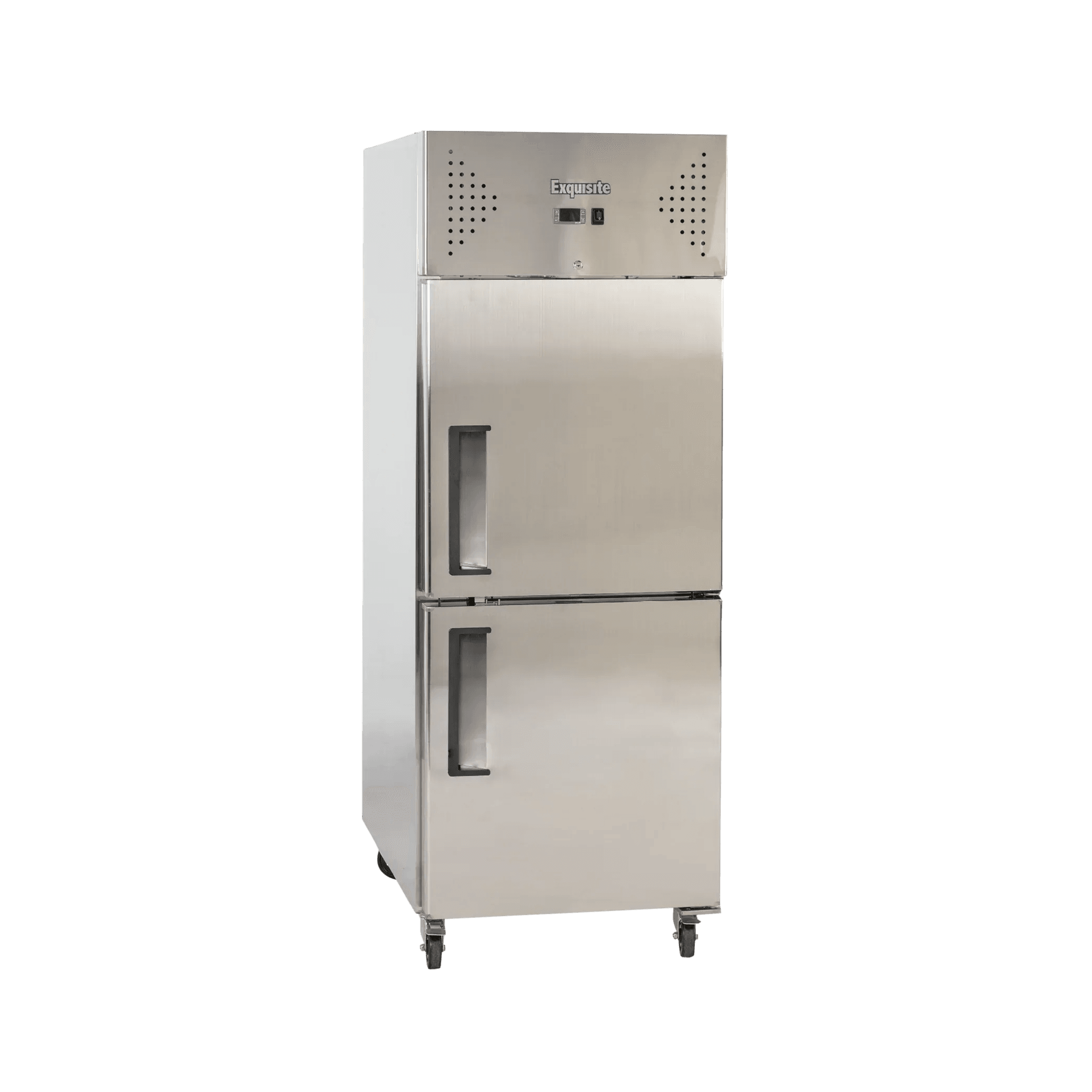 Stainless steel upright freezer with two solid doors and recessed handles, digital control panel above upper door.