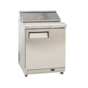 Compact stainless steel one-door commercial food prep refrigerator with top salad rail and hinged lid.