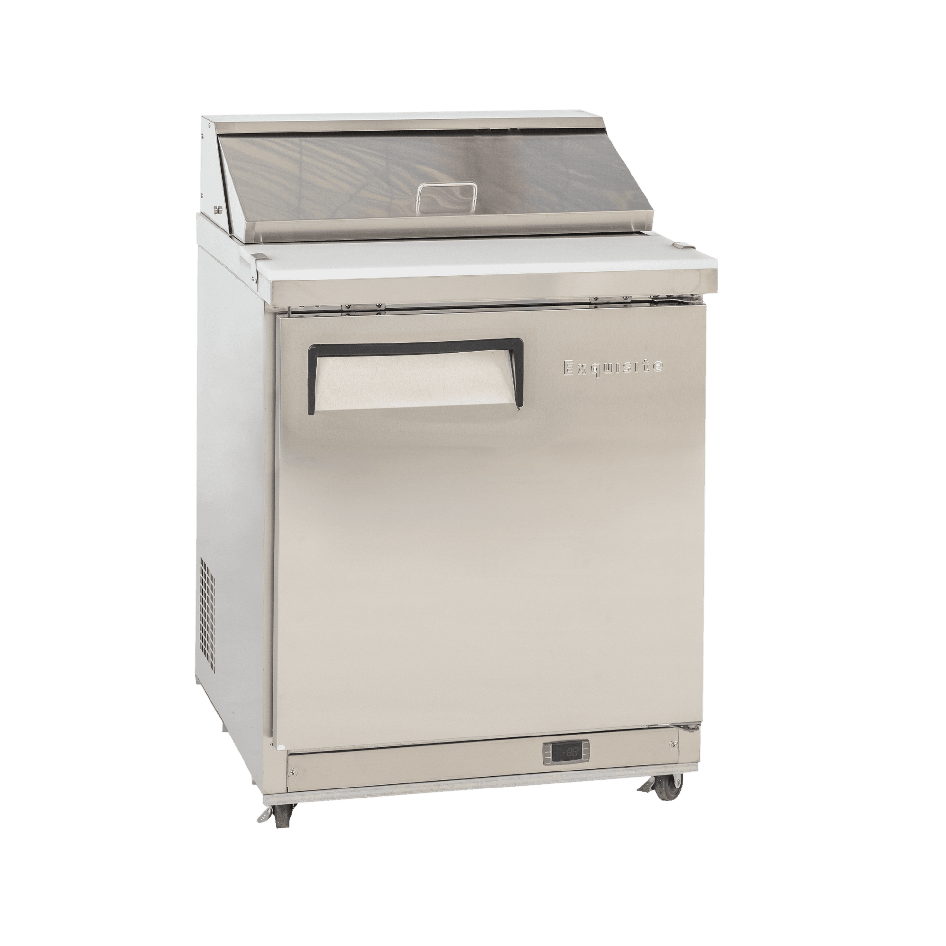 Compact stainless steel one-door commercial food prep refrigerator with top salad rail and hinged lid.