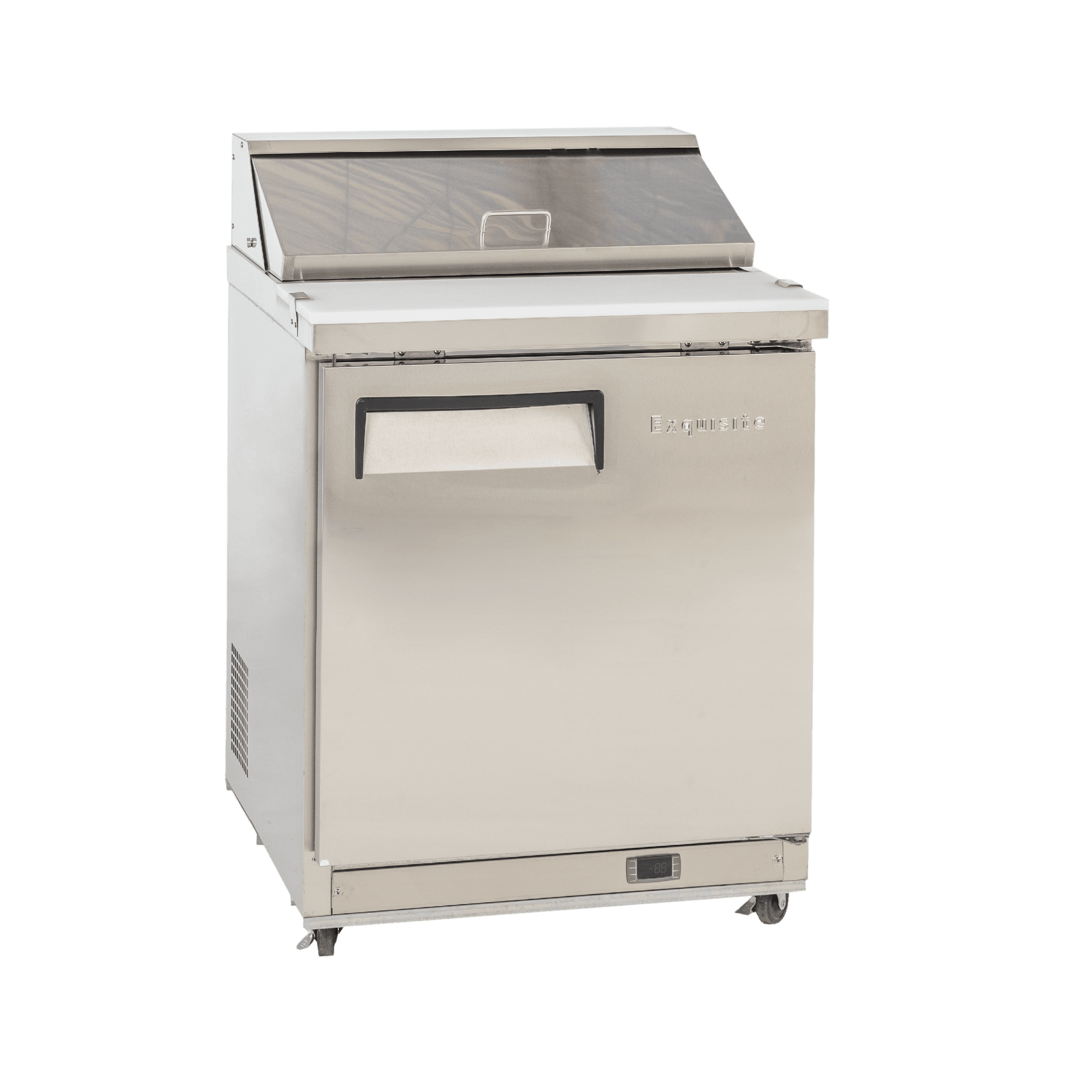 Compact stainless steel one-door commercial food prep refrigerator with top salad rail and hinged lid.