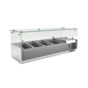 Stainless steel countertop food prep refrigerator with glass sneeze guard and four pan slots.