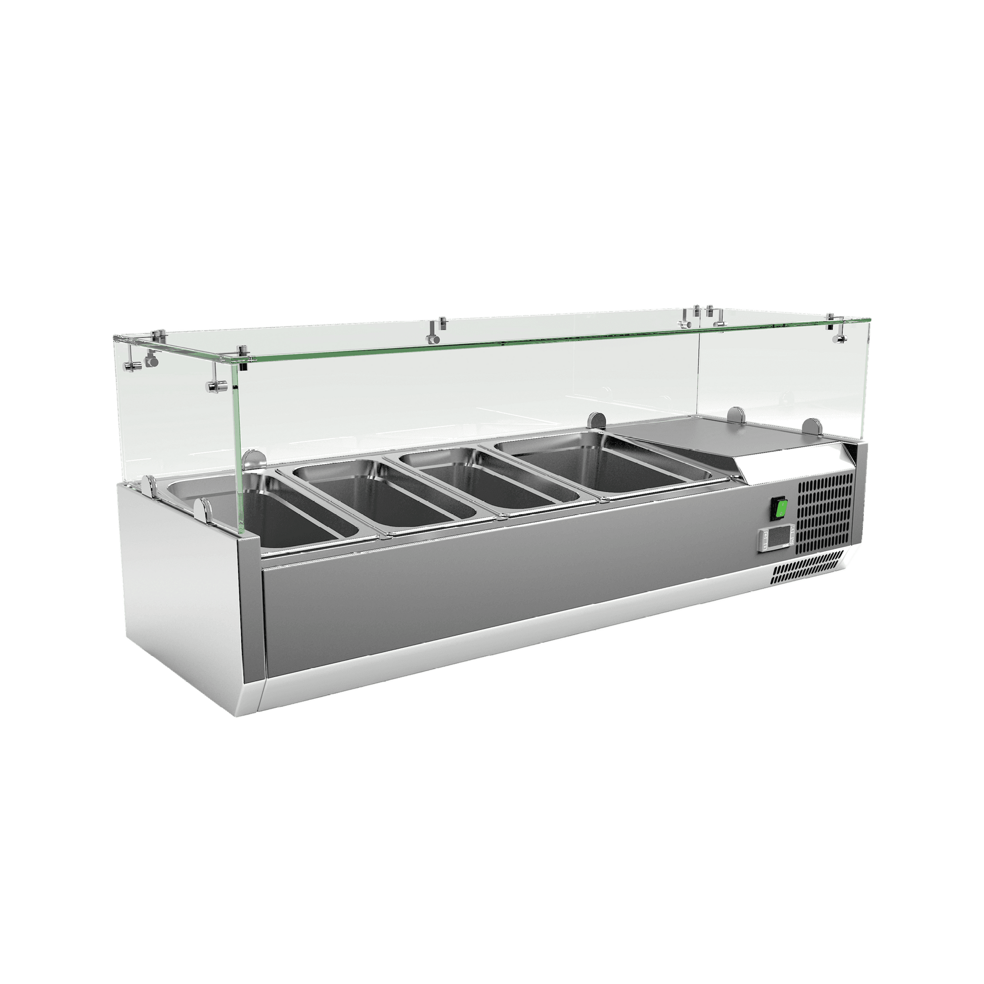 Stainless steel countertop food prep refrigerator with glass sneeze guard and four pan slots.