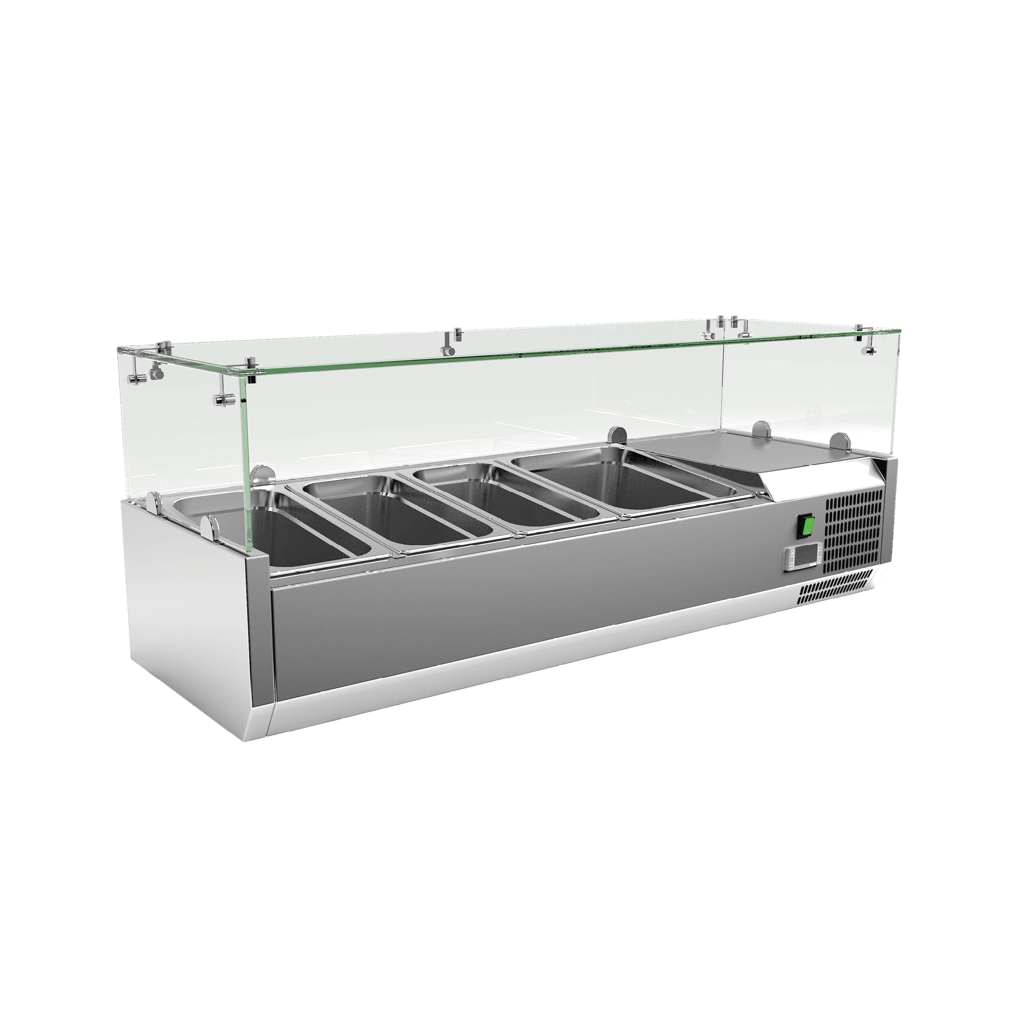 Stainless steel countertop food prep refrigerator with glass sneeze guard and four pan slots.