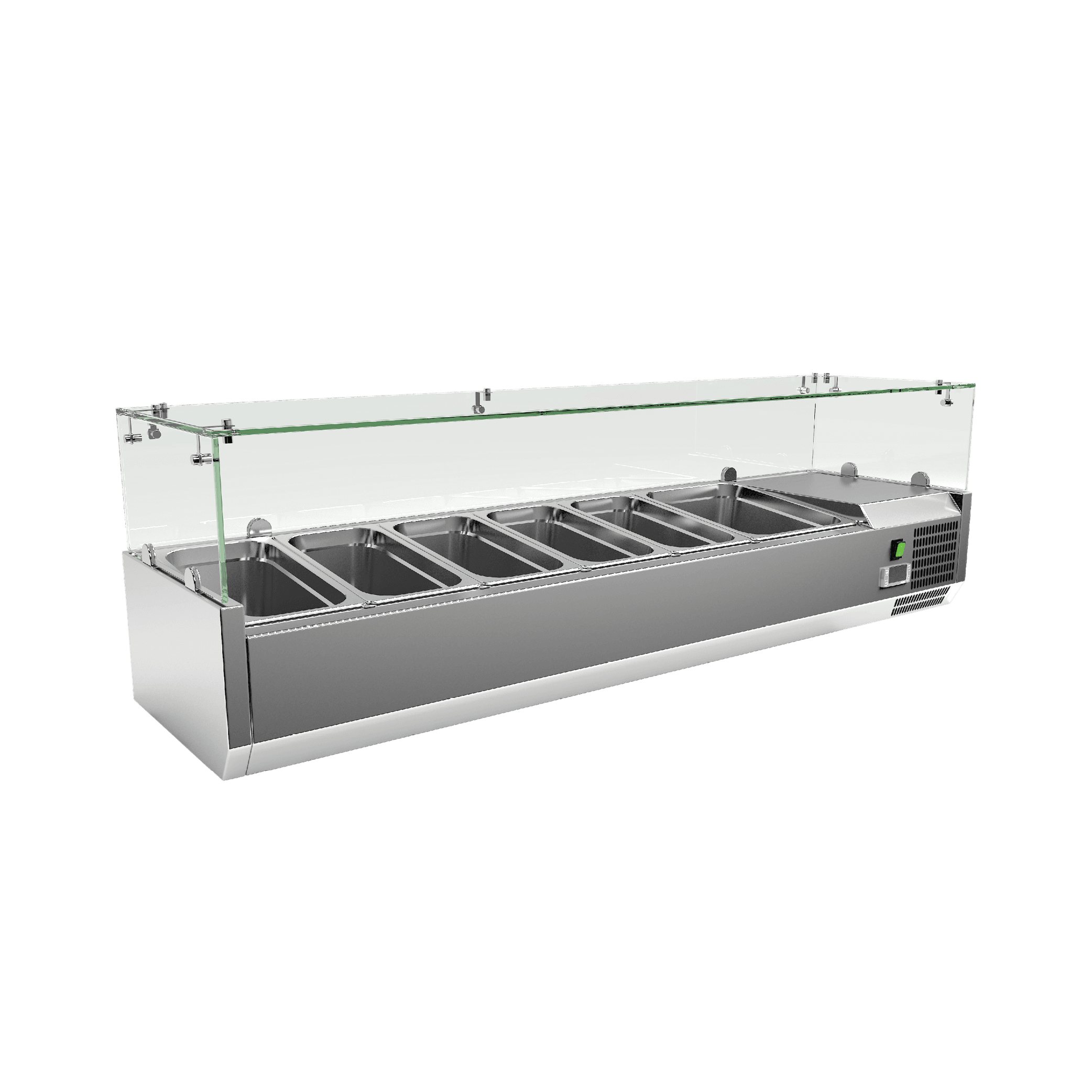 Stainless steel countertop food prep fridge with eight GN1/3 compartments and glass sneeze guard.