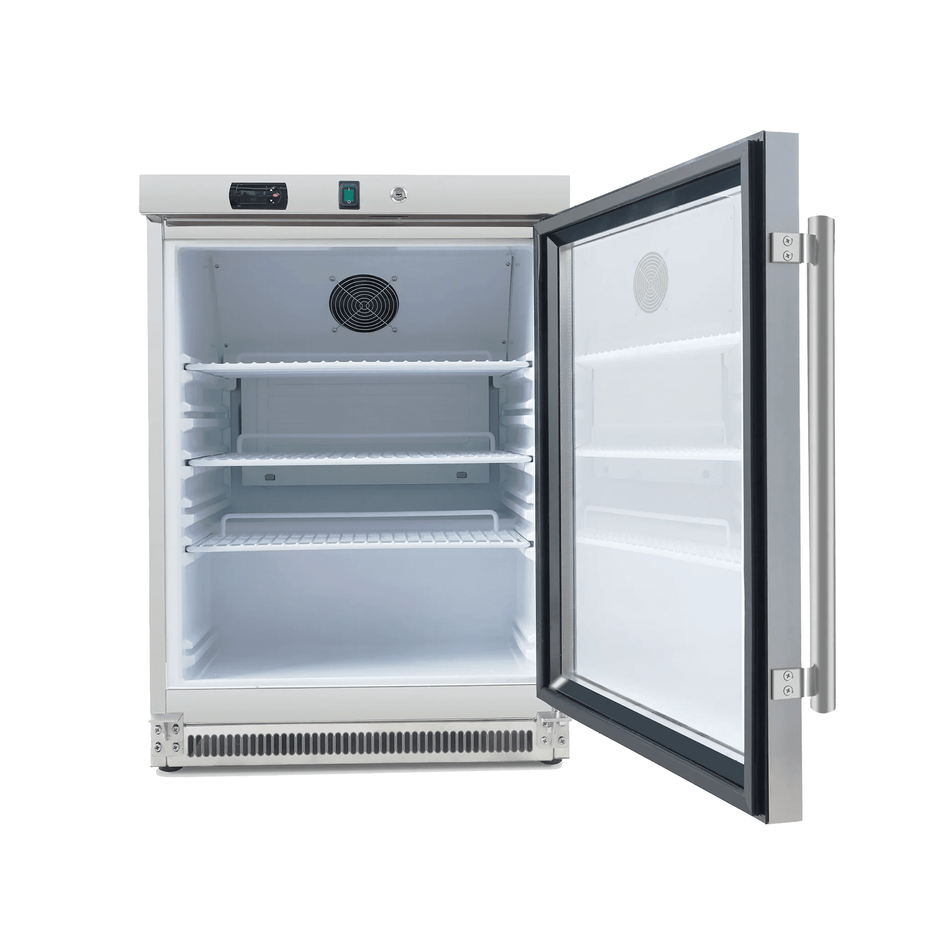 Stainless steel underbench fridge with one glass door, open to show three wire shelves and white interior.