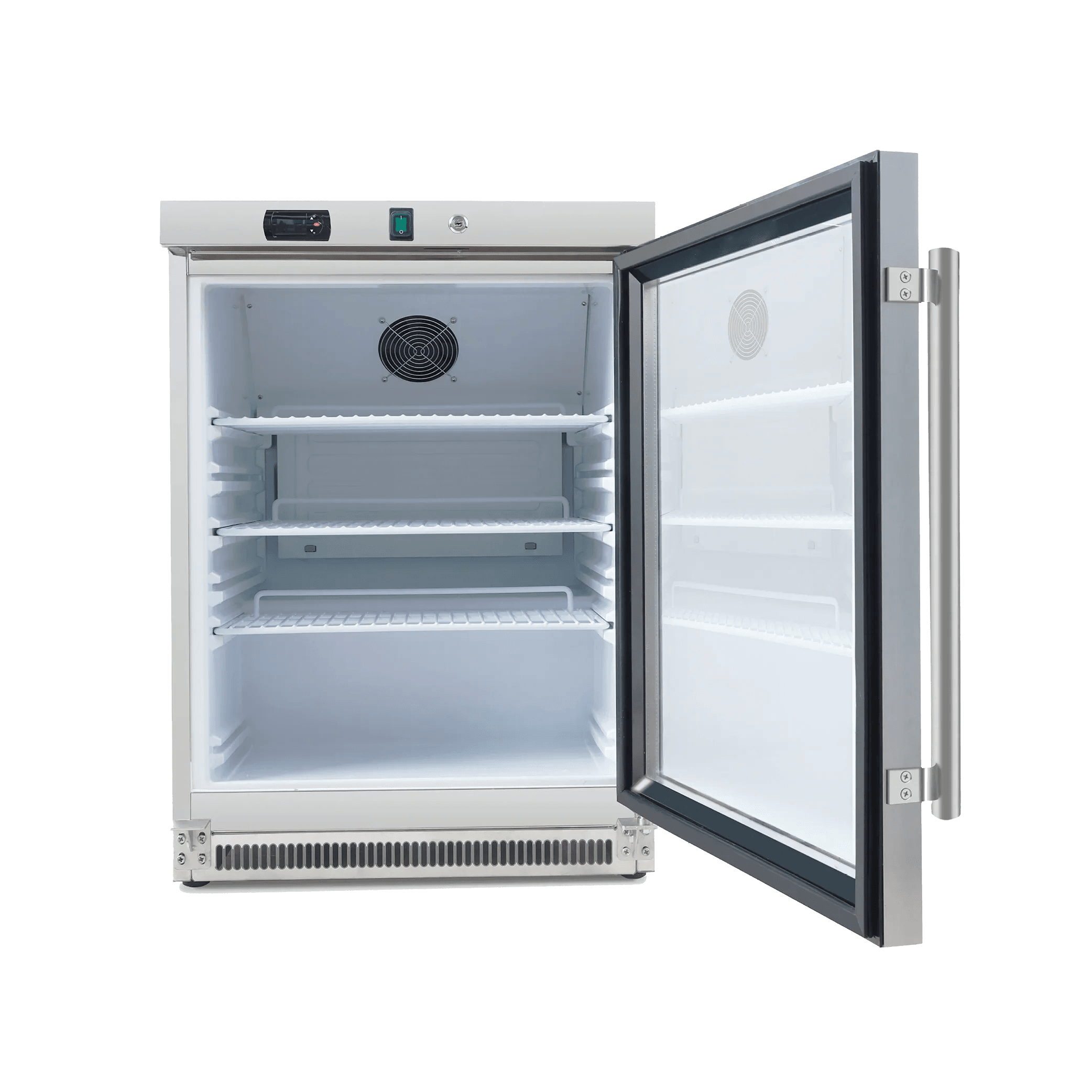 Stainless steel underbench fridge with one glass door, open to show three wire shelves and white interior.