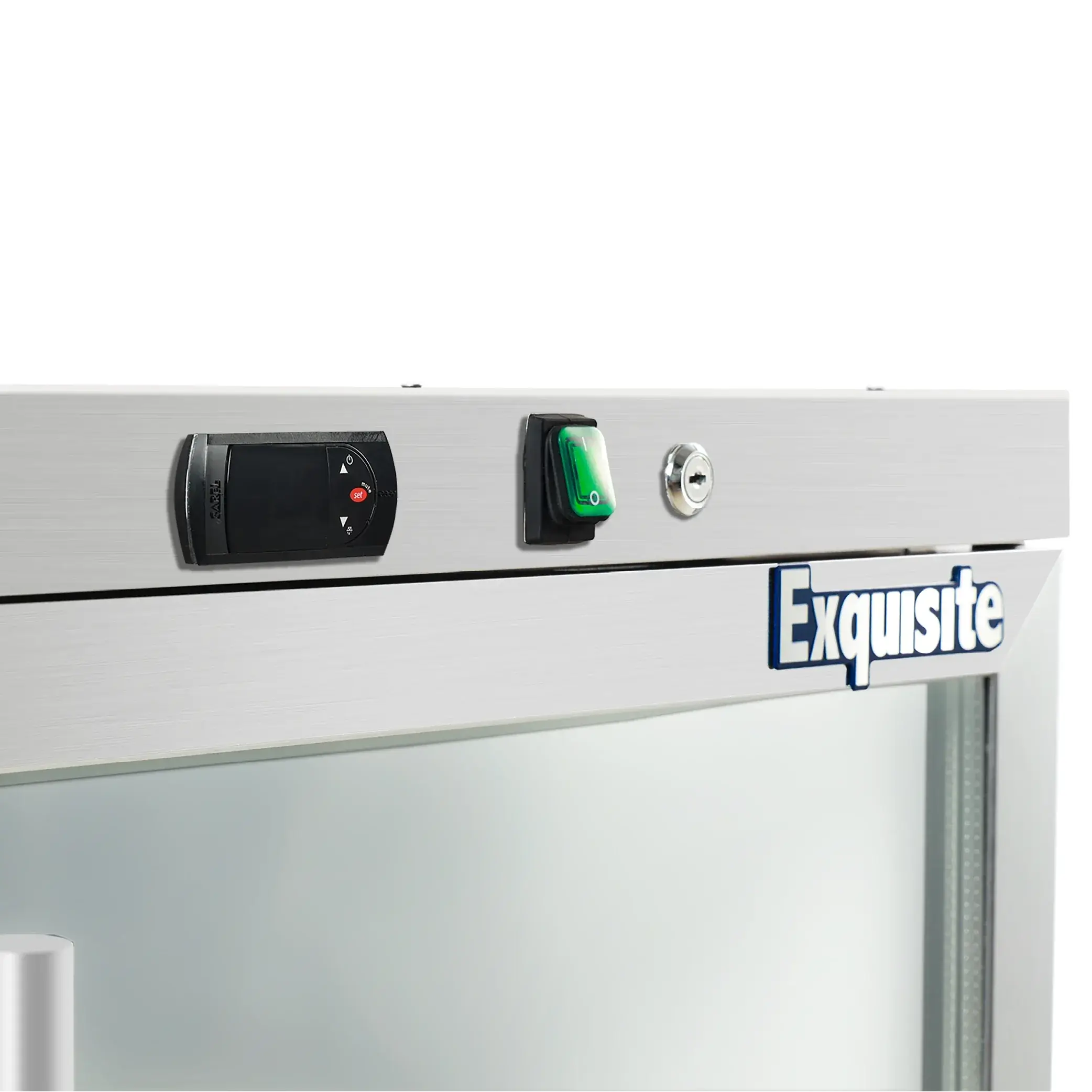 Stainless steel underbench refrigerator with one clear glass door, digital control panel, and green power switch.