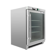 Stainless steel underbench refrigerator with one clear glass door and three interior shelves.