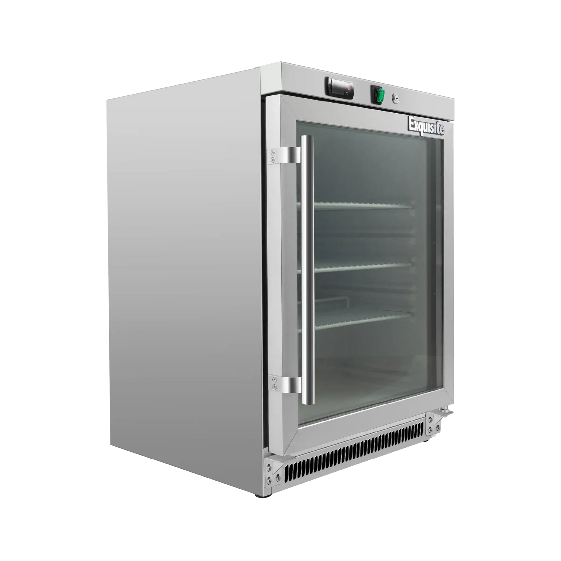 Stainless steel underbench refrigerator with one clear glass door and three interior shelves.
