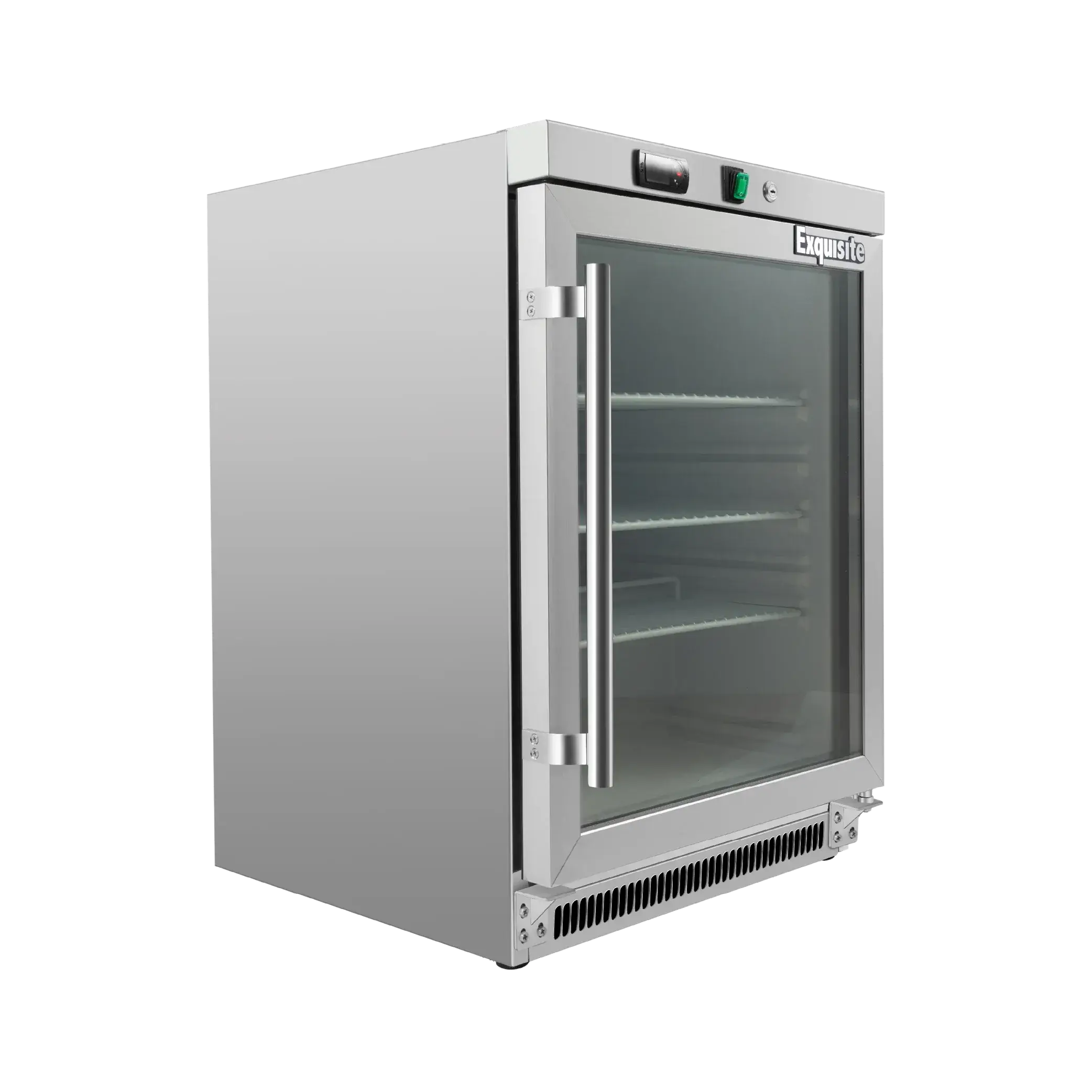 Stainless steel underbench refrigerator with one clear glass door and three interior shelves.