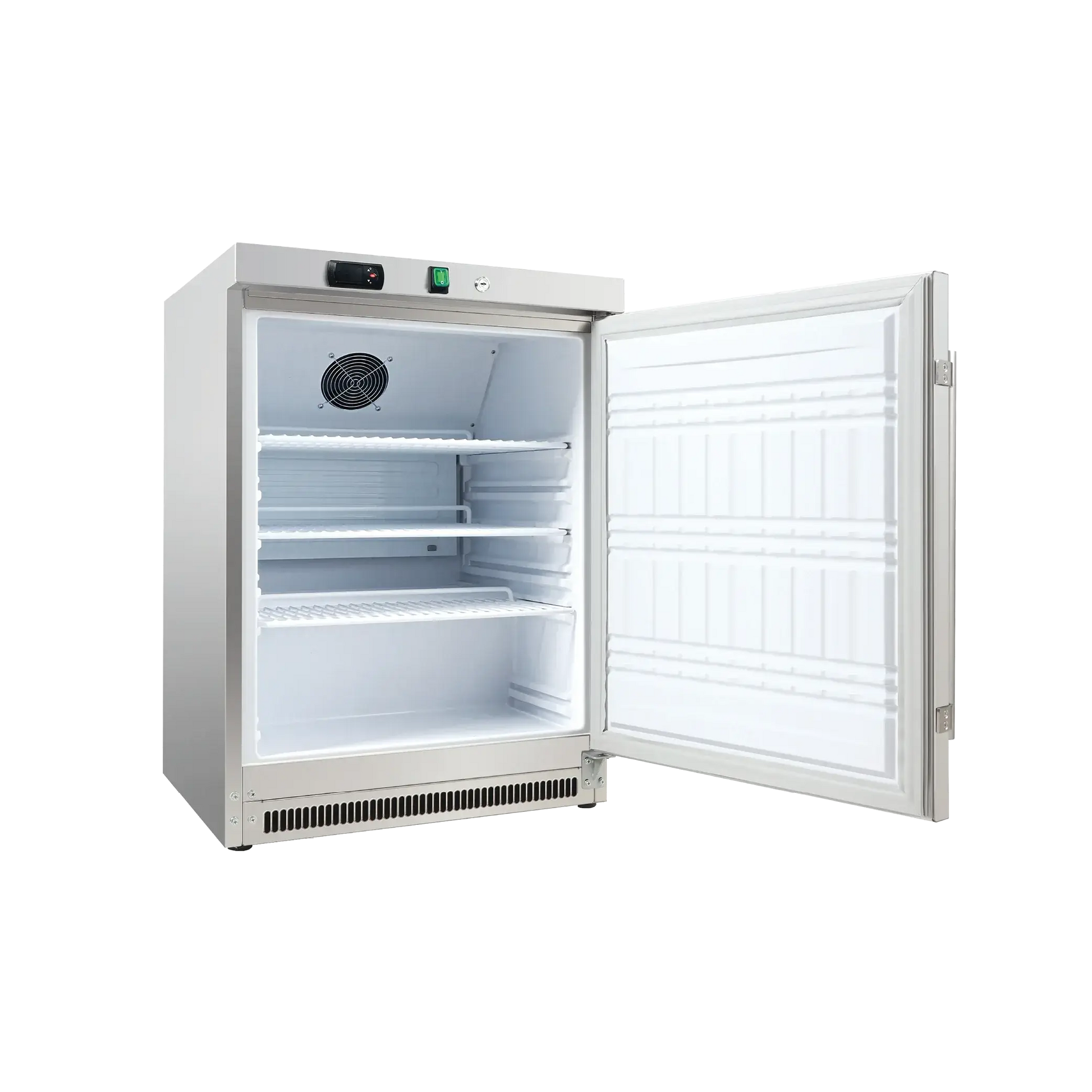 Stainless steel underbench refrigerator with one solid door open, showing three white wire shelves and interior fan.