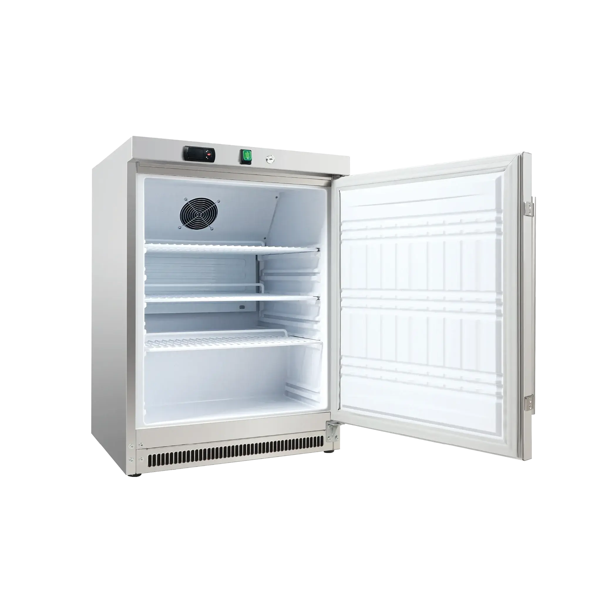 Stainless steel underbench refrigerator with one solid door open, showing three white wire shelves and interior fan.