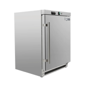 Stainless steel underbench refrigerator with single solid door and vertical handle, 130-litre capacity.