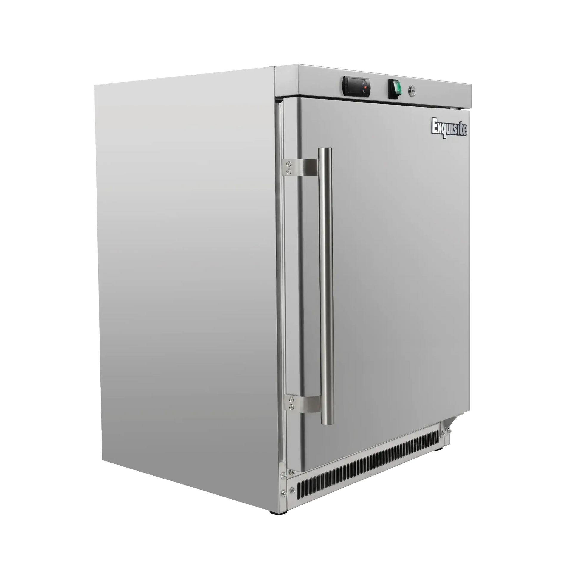 Stainless steel underbench refrigerator with single solid door and vertical handle, 130-litre capacity.