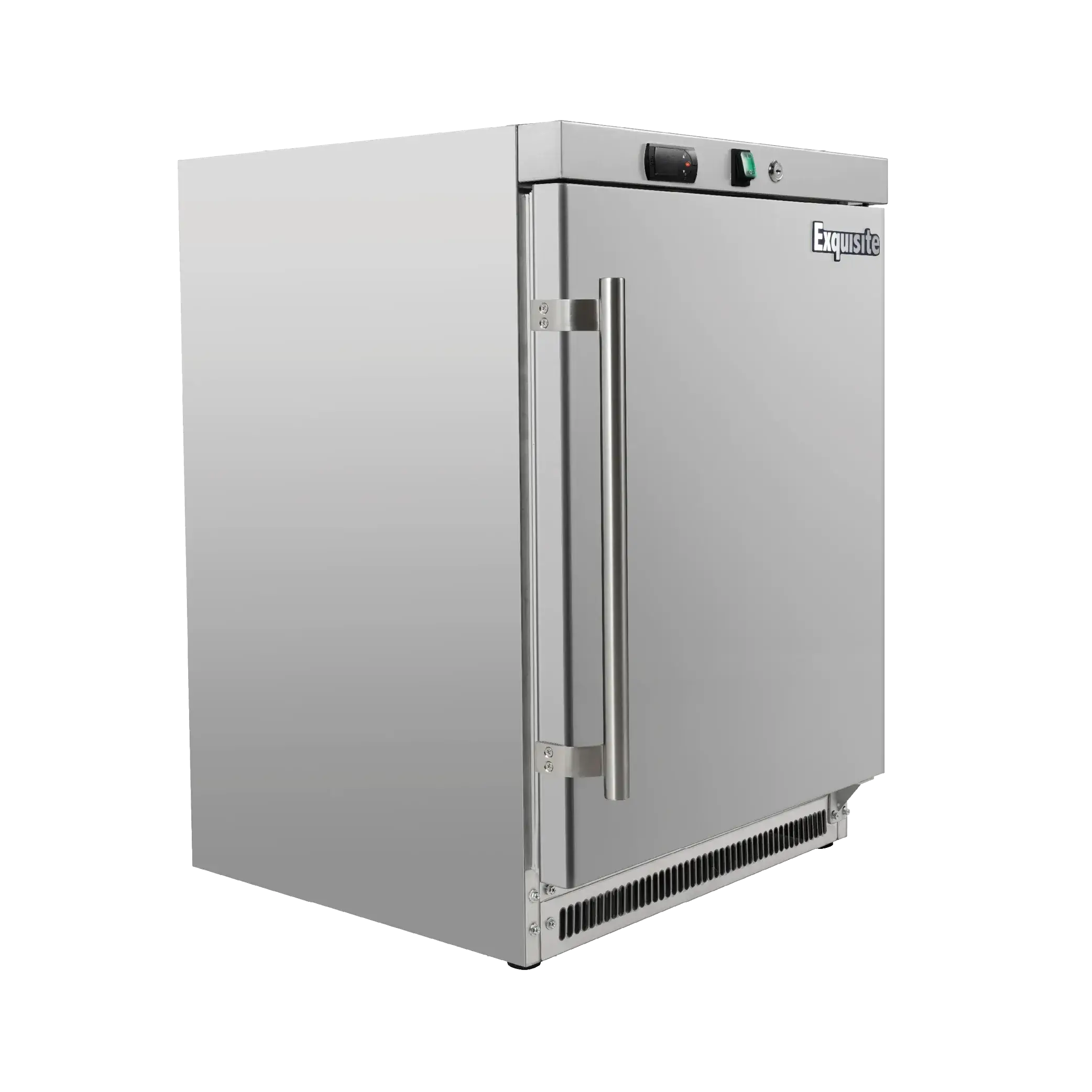 Stainless steel underbench refrigerator with single solid door and vertical handle, 130-litre capacity.