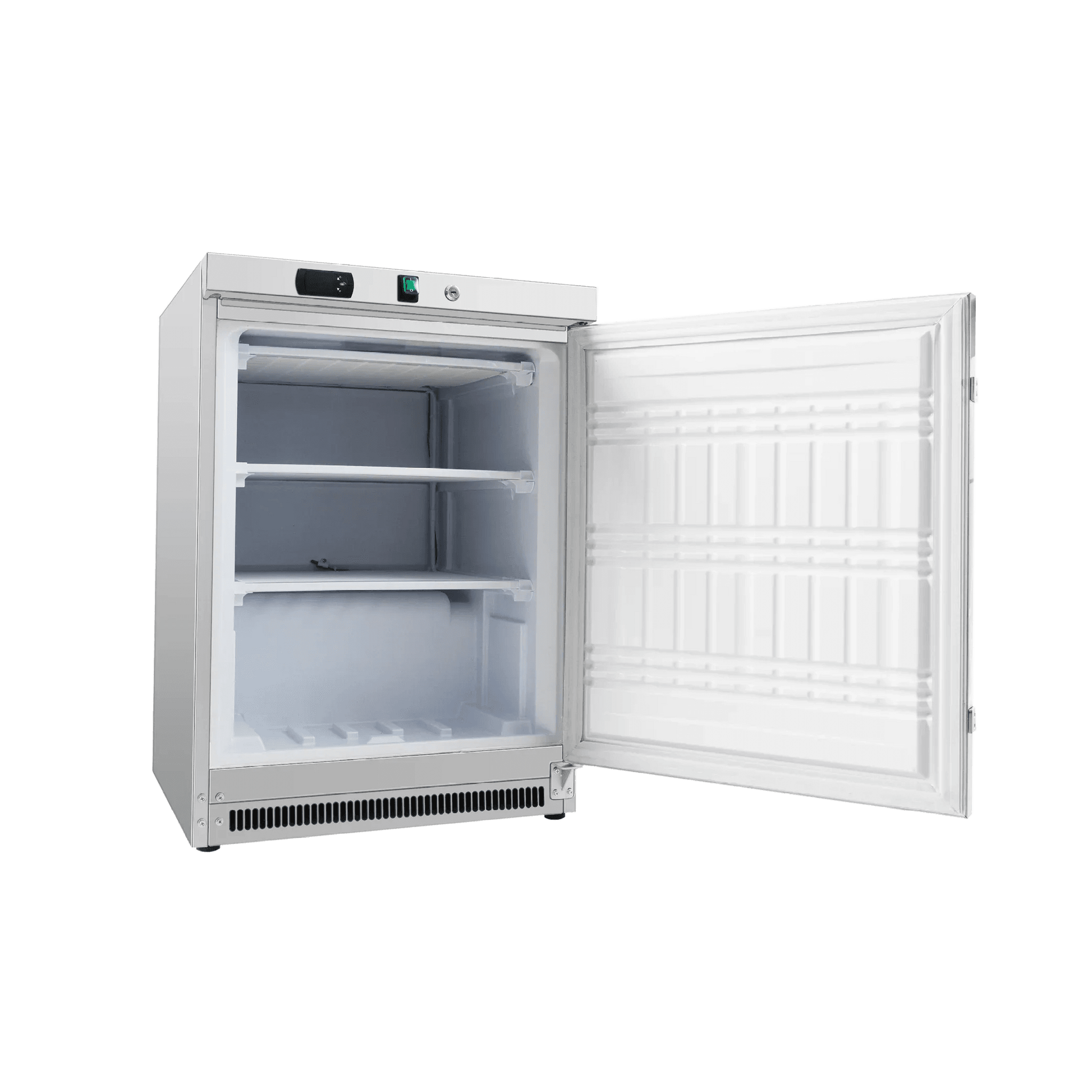 Stainless steel underbench freezer with one solid door open, showing two shelves and white interior.