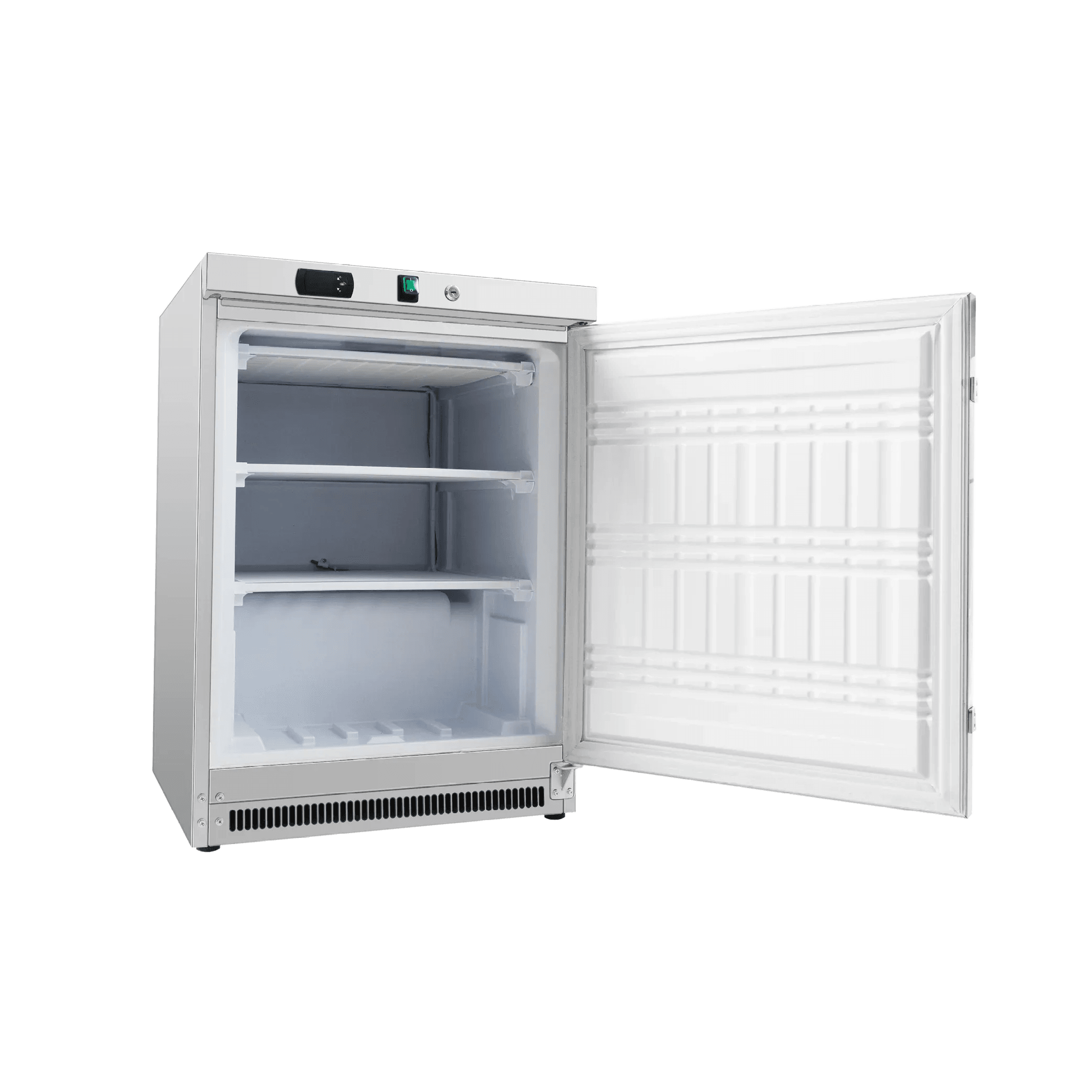 Stainless steel underbench freezer with one solid door open, showing two shelves and white interior.