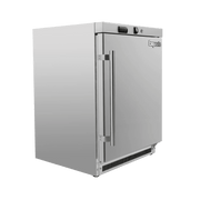 Stainless steel single-door underbench freezer with vertical handle and ventilation grill at base.