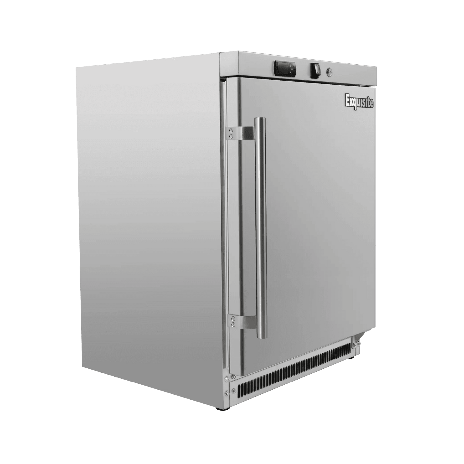 Stainless steel single-door underbench freezer with vertical handle and ventilation grill at base.