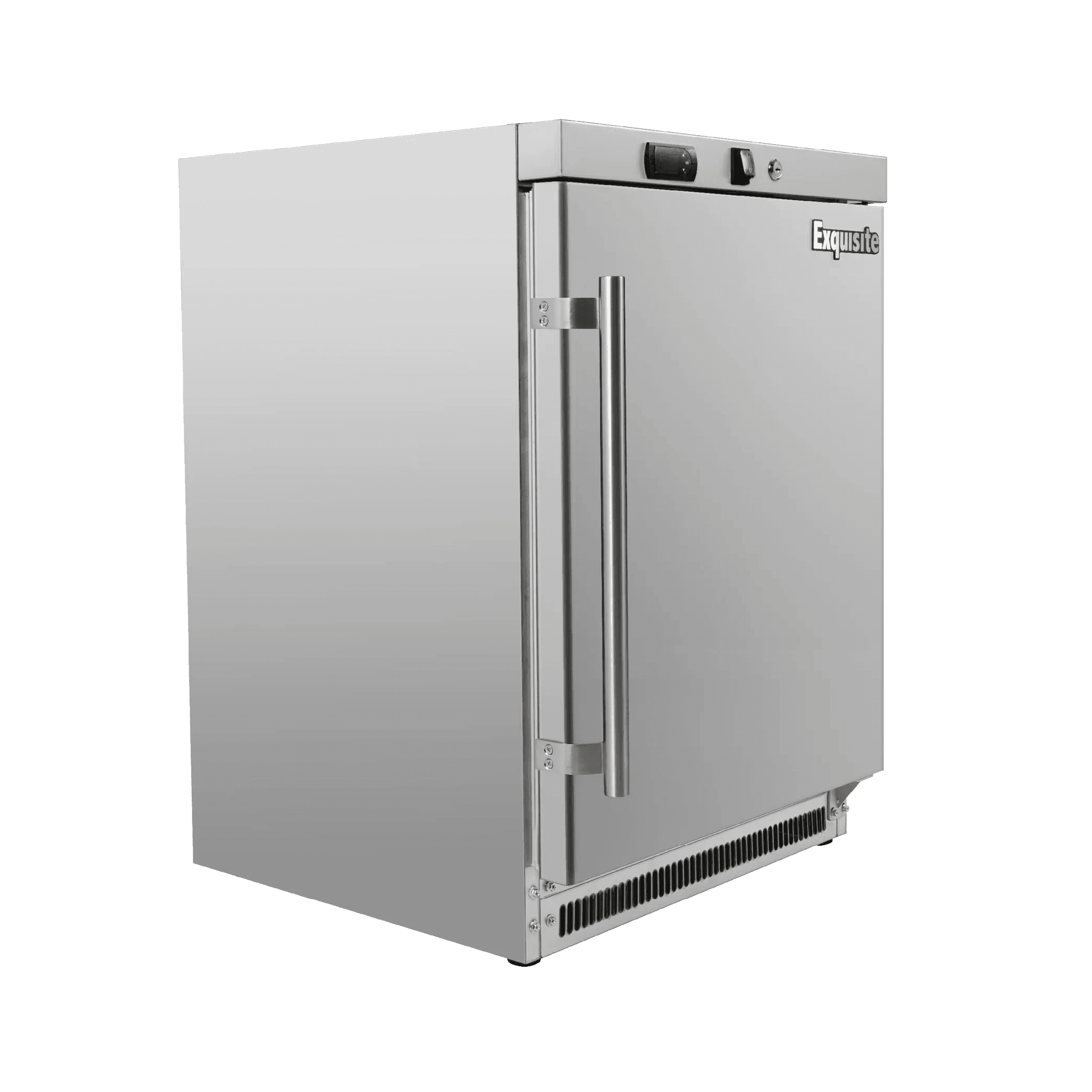 Stainless steel single-door underbench freezer with vertical handle and ventilation grill at base.